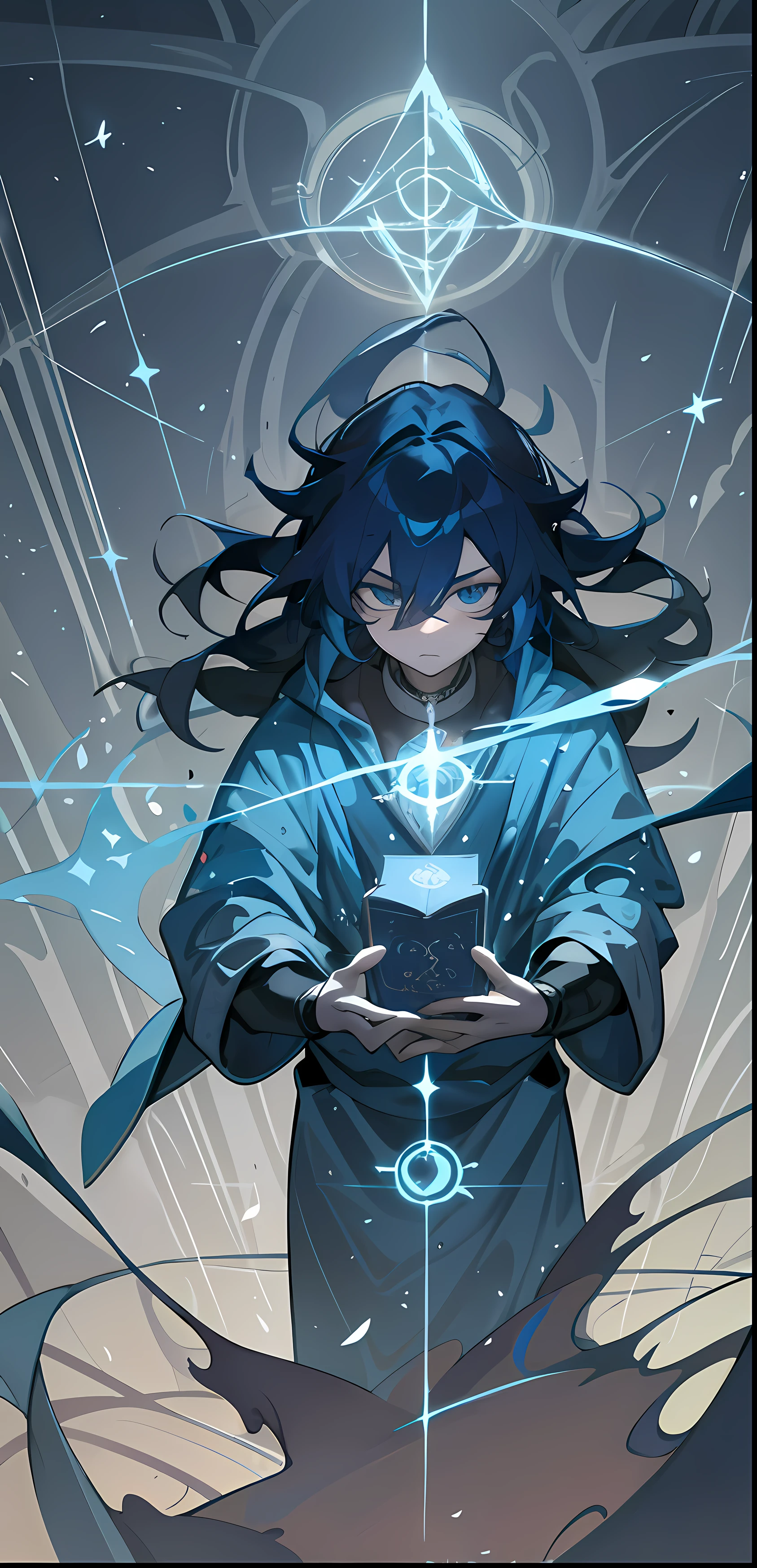 deathia,Blood,the night,darkly,(fantasy),unlimited,Deep blue sky,The abyss of knowledge,knowledge,((tmasterpiece)),(((Need))),((美丽细致的眼睛)),(eyeslashes),ogre,(a boy),blue hair,long whitr hair,Abyss Eye,Shiny skin,(Bird body,feater),Ultra-fine CG unity 8k wallpaper,tmasterpiece,((ultra - detailed)),((illustration)),Dazzle,Wallpapers,energy,Unknown horror,Arcane,Magic perimeter,Magic surrounds,Magic wand,Pages,Flying in the sky,Know it,Predicting the future,Learn about the past,Infinite wisdom,blue flame,Warlock,Magic Array,Pentagram,incantation,mantra,Sing magic,