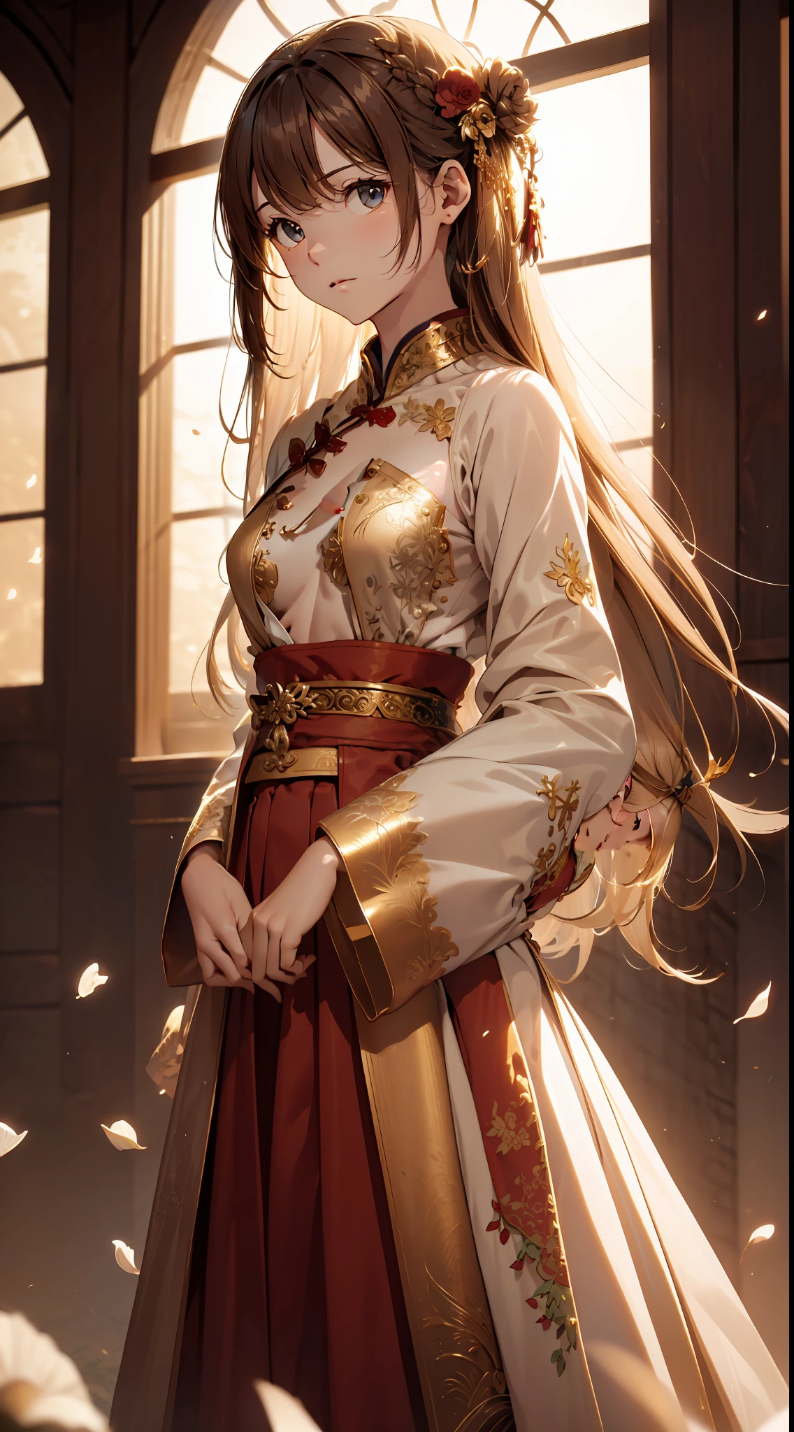 best quality, masterpiece, highres, (exquisite body:1.5),gorgeous face,(milky skin:1.3),intricate details,high resolution,wallpaper,
1girl, solo, dress, hair ornament, (((gold and red dress))), flowers, long hair, brown hair, closed mouth, jewelry, long sleeves, hand up, wide sleeves, big eyes,floating hair, chinese clothes, hanfu, embroidery, long skirt, natural pose, falling petals, indoor,fanning, lantern,
16K,HDR,highres,depth field,(film grain:1.1),boken,golden hour,(lens flare),vignette,rainbowing,(color grading:1.5)