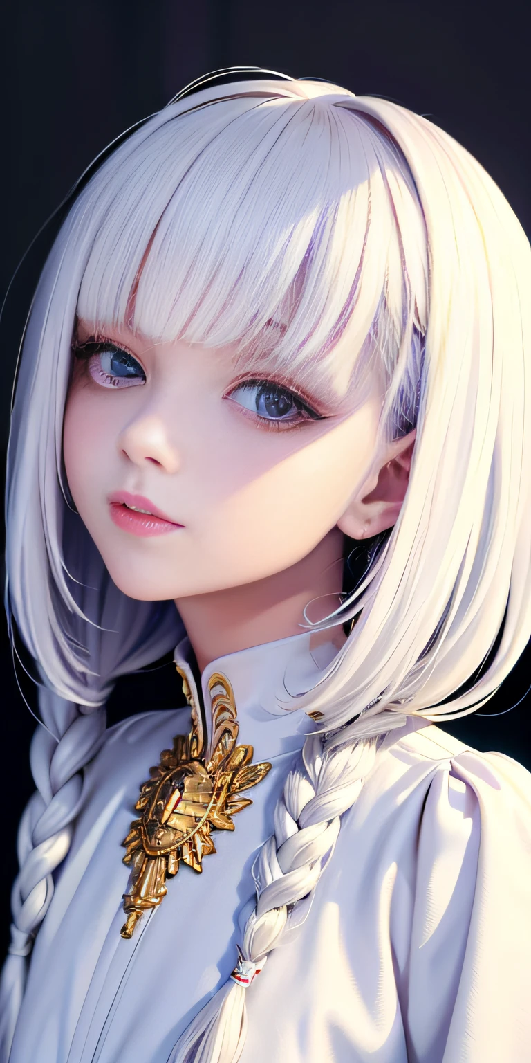 best quality, masterpiece,white hair, gold eyes,white clothes, looking up, upper body,hair strand,Fair skin,side braids