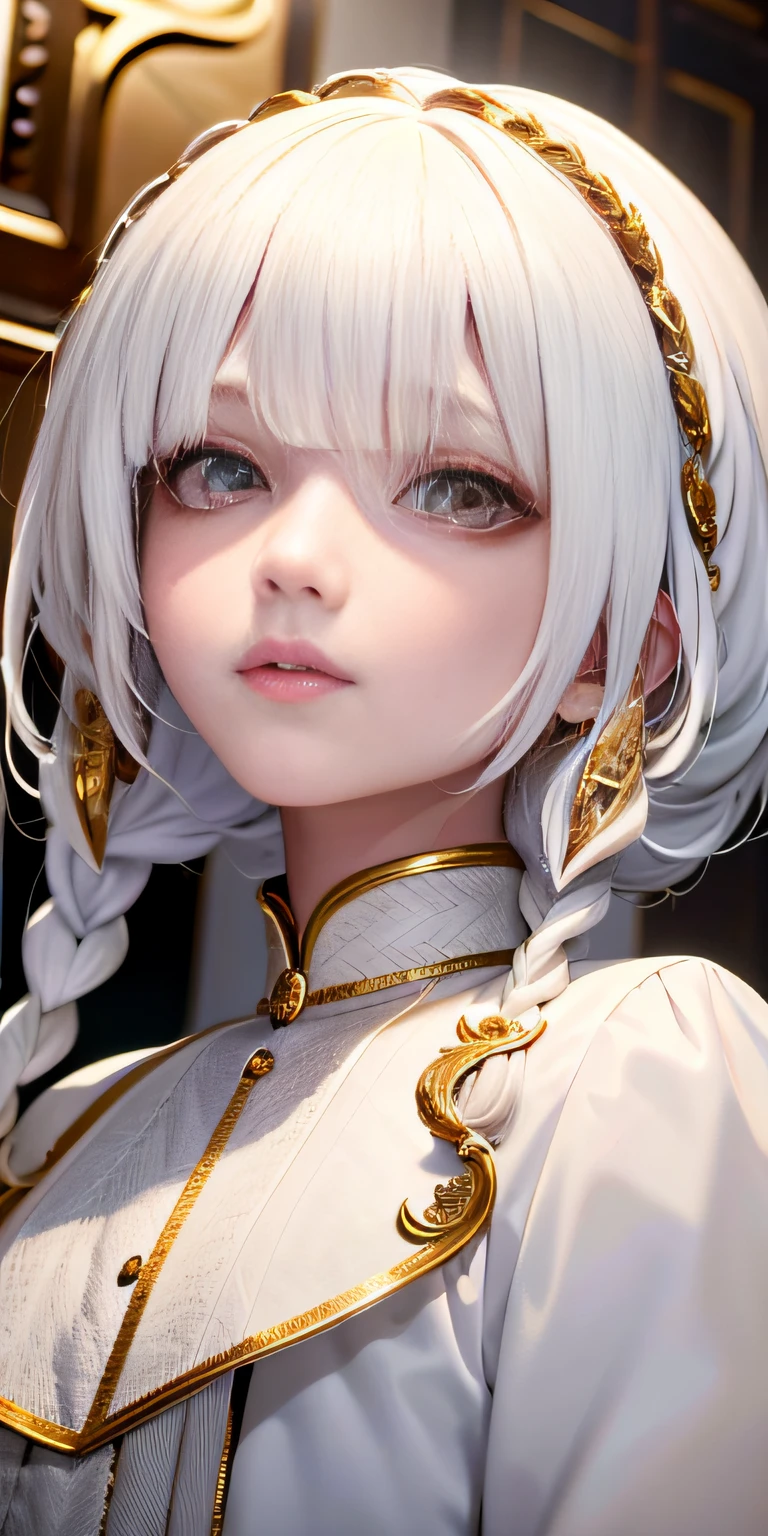 best quality, masterpiece,white hair, gold eyes,white clothes, looking up, upper body,hair strand,Fair skin,side braids