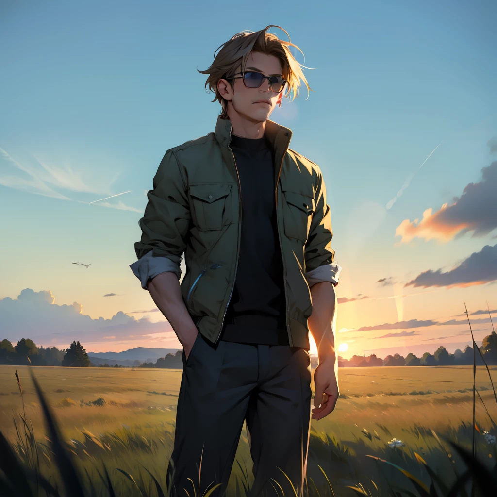 grassy fields，cool guy，