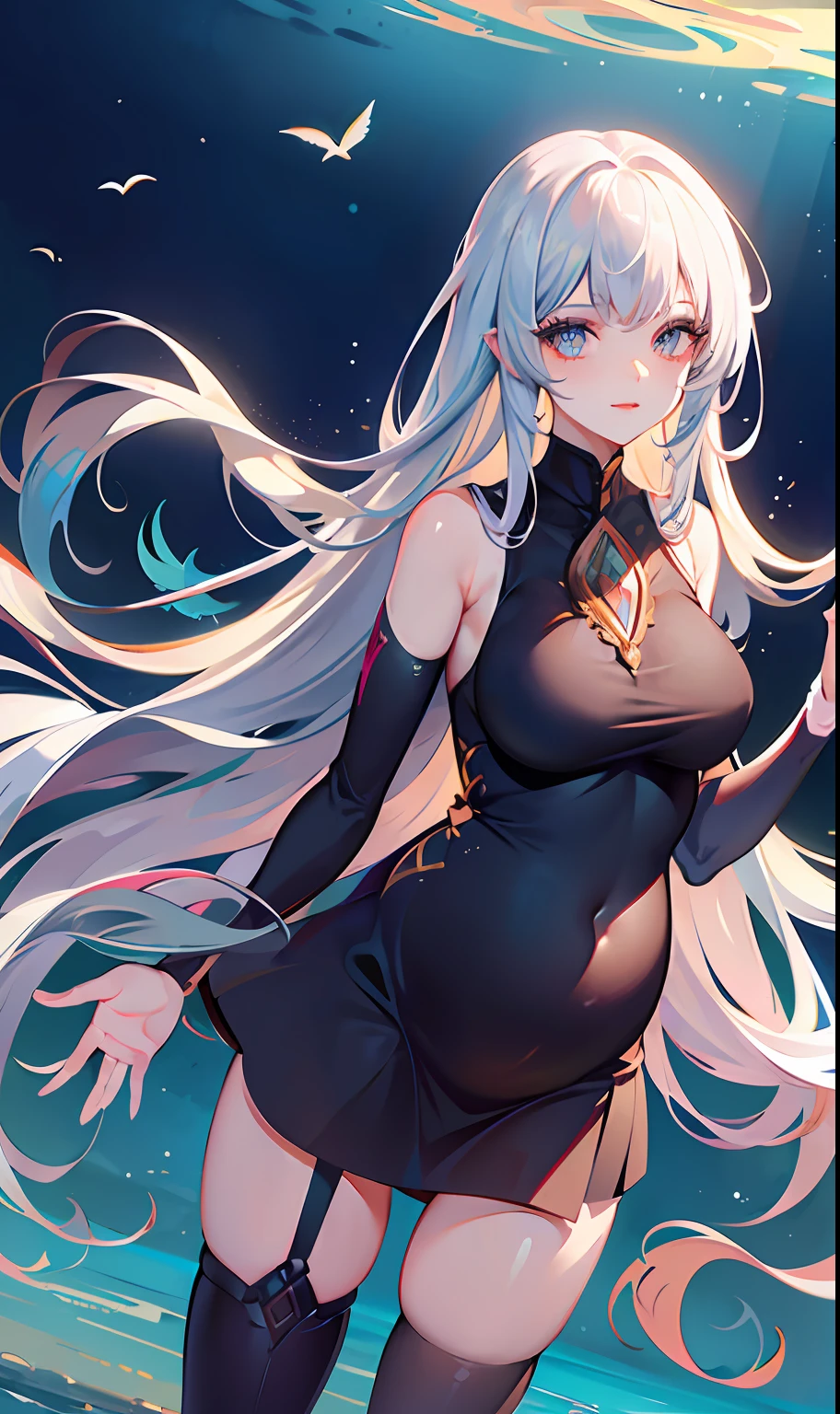 castle background，Lake background，glass，mont，cinematric light，1girll，long whitr hair，独奏，standing on one leg，a garter belt，upper legs，shift dresses，looking at viewert，Very long hair，standing on your feet，silber hair，full bodyesbian，ssmile，whaite hair，up legs，，one-girl，Best quality at best，tmasterpiece，illustratio，an extremely  delicate and beautiful，The is very detailed，CG，Solidarity，8k wallpaper，astounding，finely detailled，hugefilesize，ultra - detailed，A high resolution，extremely detaile，Beautiful Meticulous Girl，extremely detailed eyes ancface，beatiful detailed eyes，Pregnant belly, maternity attire for pregnant women，maternity dress，pregnant belly，Pregnant belly
