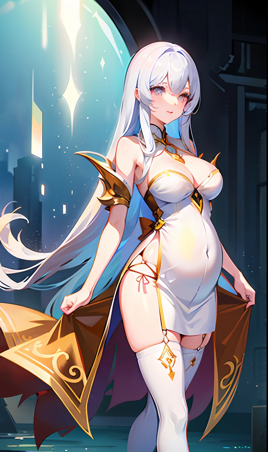 castle background，Lake background，glass，mont，cinematric light，1girll，long whitr hair，独奏，standing on one leg，a garter belt，upper legs，shift dresses，looking at viewert，Very long hair，standing on your feet，silber hair，full bodyesbian，ssmile，whaite hair，up legs，，one-girl，Best quality at best，tmasterpiece，illustratio，an extremely  delicate and beautiful，The is very detailed，CG，Solidarity，8k wallpaper，astounding，finely detailled，hugefilesize，ultra - detailed，A high resolution，extremely detaile，Beautiful Meticulous Girl，extremely detailed eyes ancface，beatiful detailed eyes，Pregnant belly, maternity attire for pregnant women，maternity dress，pregnant belly，Pregnant belly