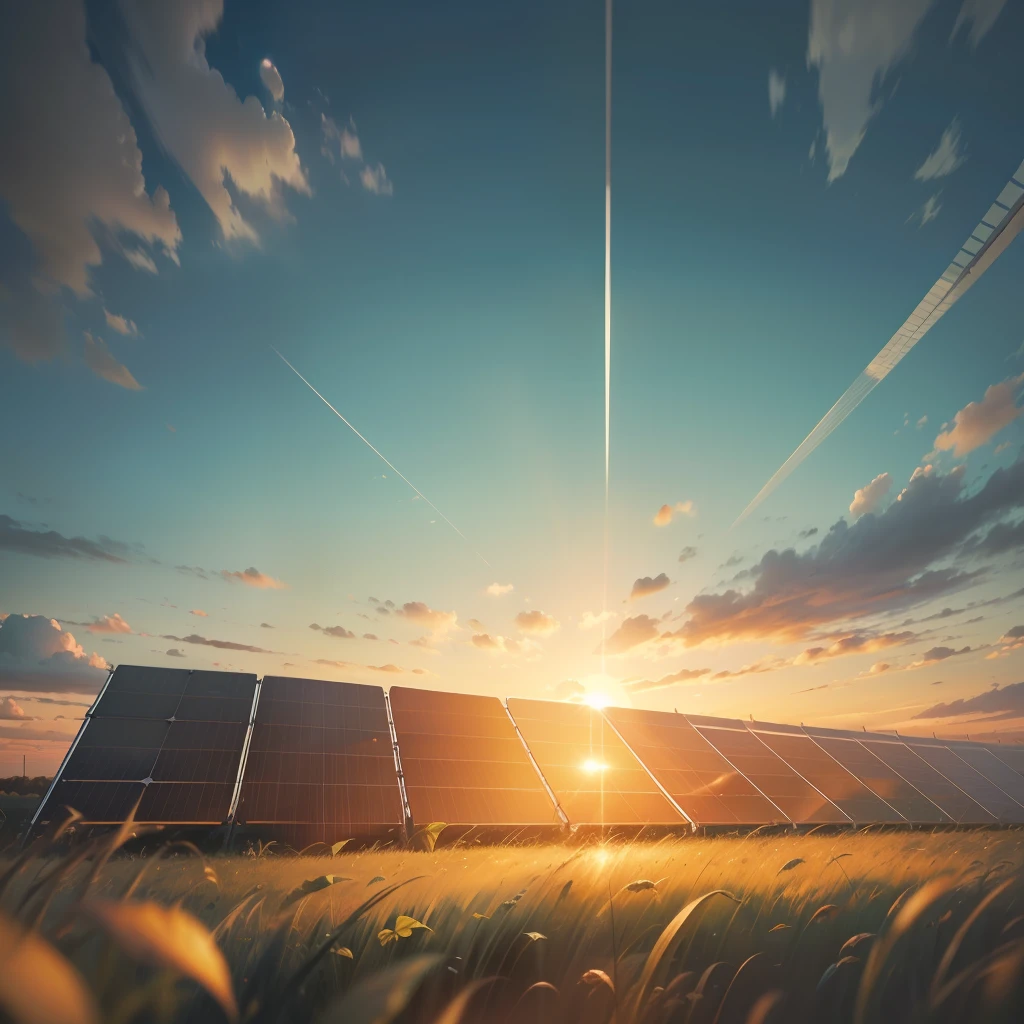 The bright, setting sun behind a solar panel structure over a field of green grass 4K --auto --s2