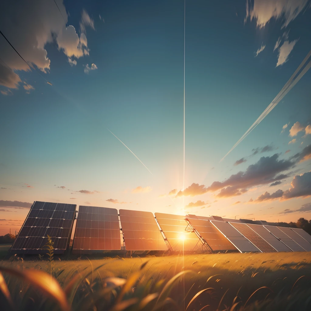 The bright, setting sun behind a solar panel structure over a field of green grass 4K --auto --s2