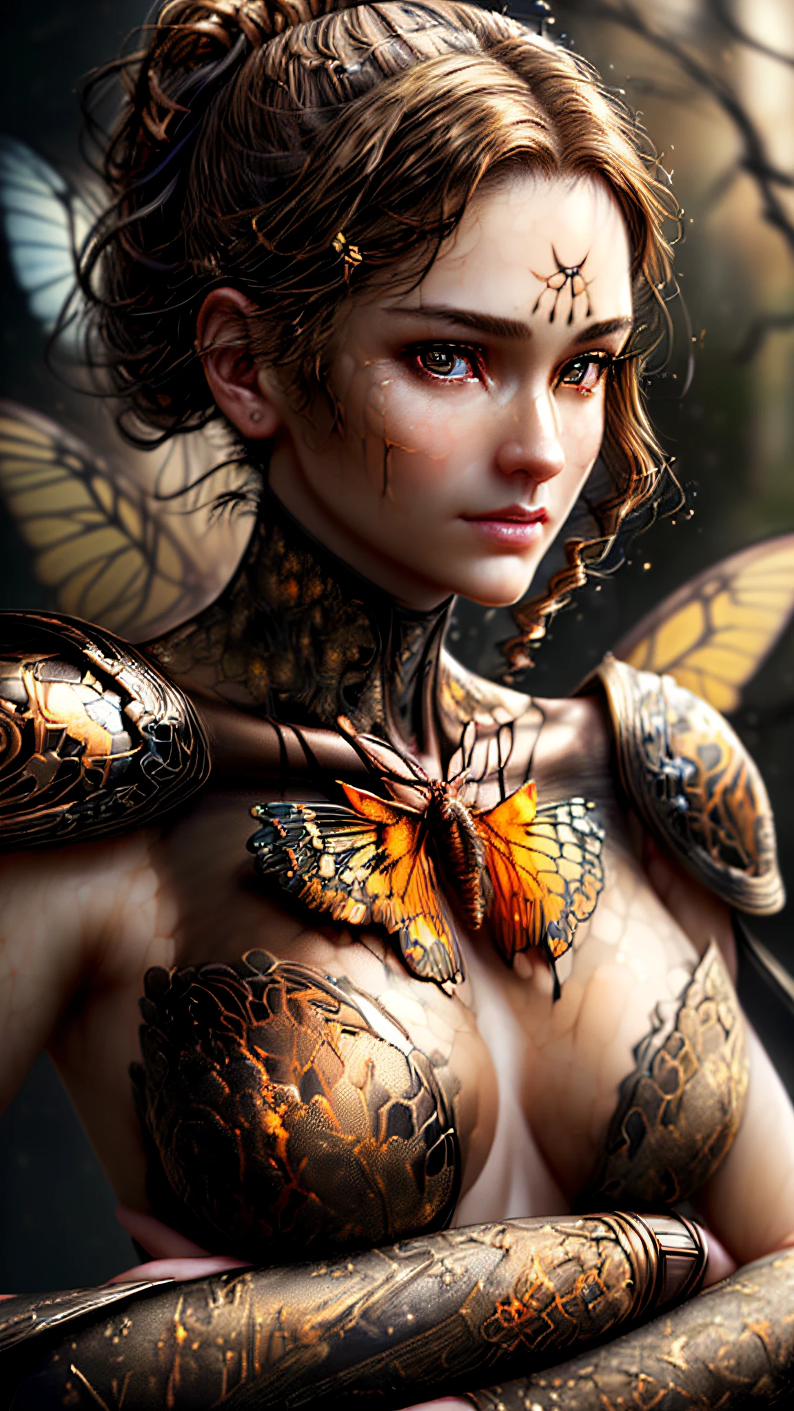 ((masterpiece):1.3),((best quality):1.3), (highres:1.1), ((realistic image ultra-detailed):1.3) beautiful cyborg with brown hair, intricate, elegant, highly detailed, majestic, digital photography, art by artgerm and ruan jia and greg rutkowski surreal painting gold butterfly filigree, broken glass, (masterpiece, sidelighting, finely detailed beautiful eyes: 1.2), hdr,