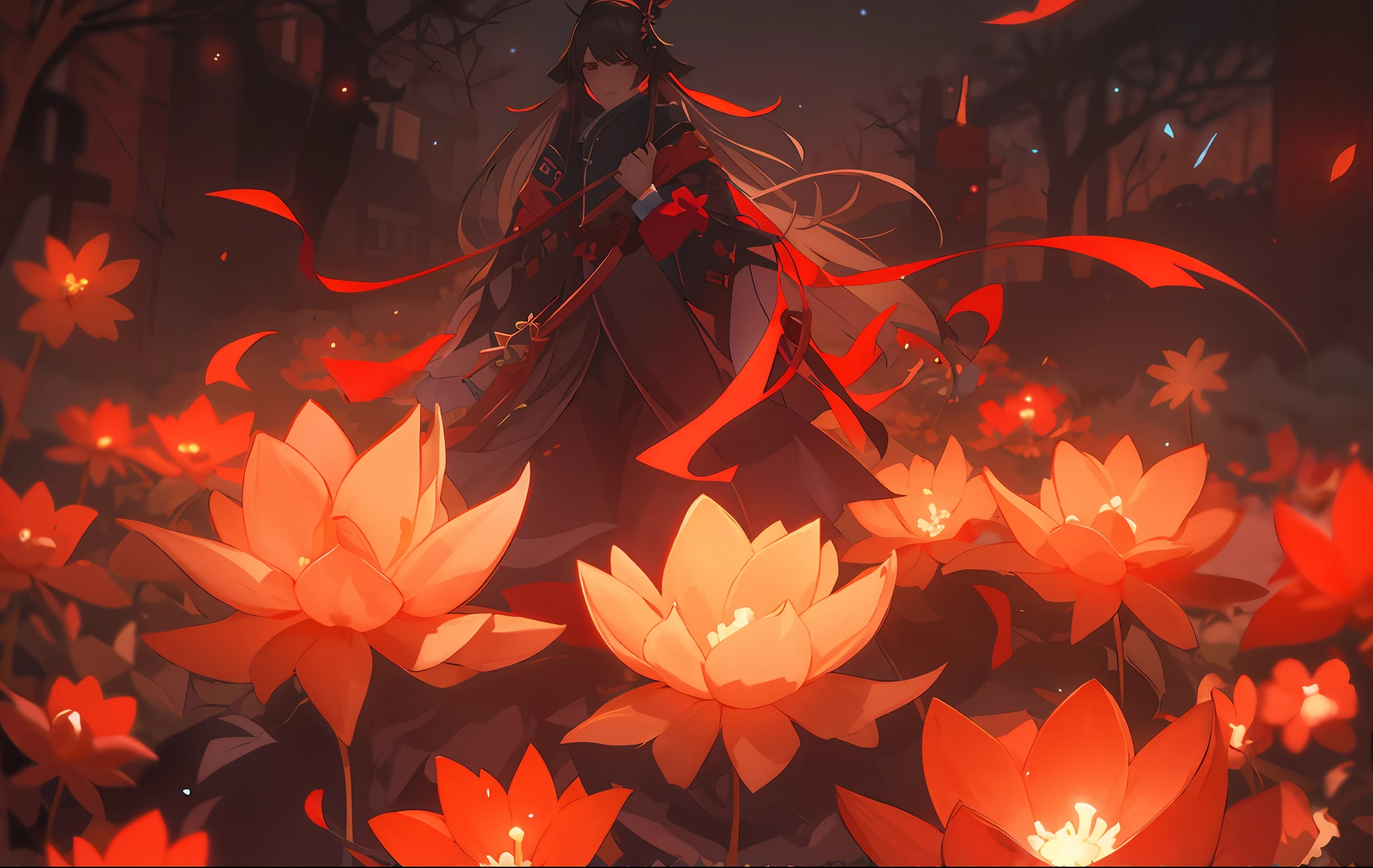 Anime girl in red light flower field, Onmyoji detailed art, by Yang J, onmyoji, Ayaka Genshin impact, Artgerm and Atey Ghailan, Keqing from Genshin Impact, Anime art wallpaper 8 K, Anime art wallpaper 4 K, Anime art wallpaper 4k, author:Shitao