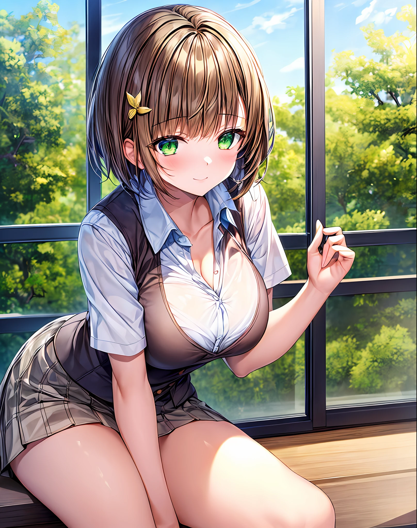 (masterpiece, top quality), 1 girl, short hair, blunt bangs, light brown hair, happiness, green eyes, hair ornament, school_uniform, short_sleeves, bare_legs, blue sky, window, front view, insight, breast squeeze, beige vest