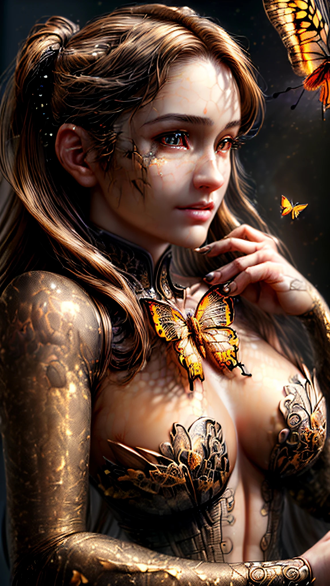 ((masterpiece):1.3),((best quality):1.3), (highres:1.1), ((realistic image ultra-detailed):1.3) beautiful cyborg with brown hair, intricate, elegant, highly detailed, majestic, digital photography, art by artgerm and ruan jia and greg rutkowski surreal painting gold butterfly filigree, broken glass, (masterpiece, sidelighting, finely detailed beautiful eyes: 1.2), hdr,