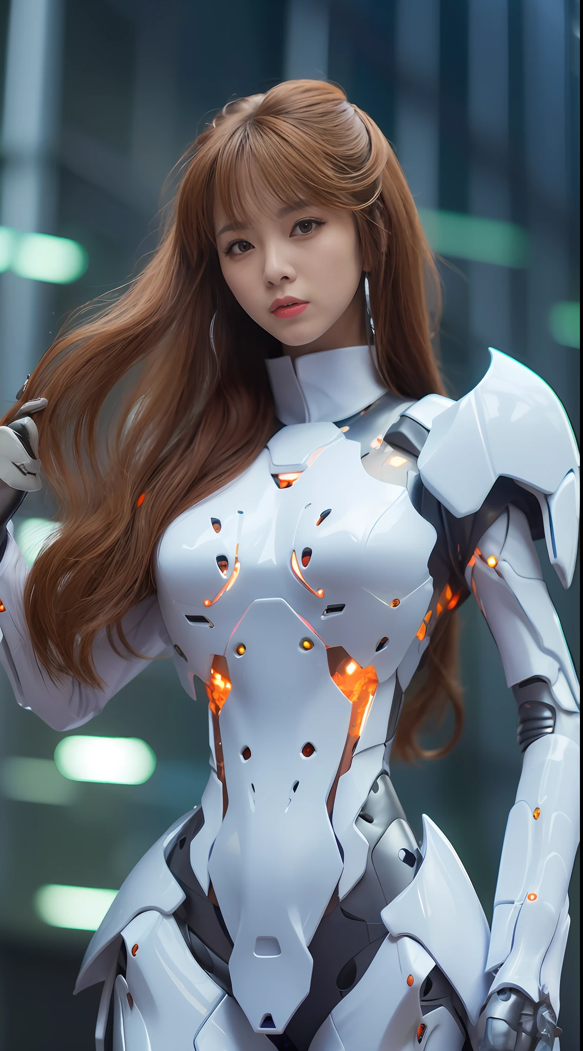 A beautiful Chinese actress, wearing a EVA 02-style White latex coat,Role playing Souryuu Asuka Lanley,full-body cosplay,Delicate Face, Stunningly Beautiful, Combat Pose,High Detail Skin, Realistic Skin Detail, Visible Pore,The photograph is taken with a Nikon D850 and a Nikon AF-S NIKKOR 70-200mm f/2.8E FL ED VR lens, using settings of f/8.0 aperture, 1/200 sec shutter speed, and ISO 400, DSLR Camera, High Quality, Fair Skin, Photorealism