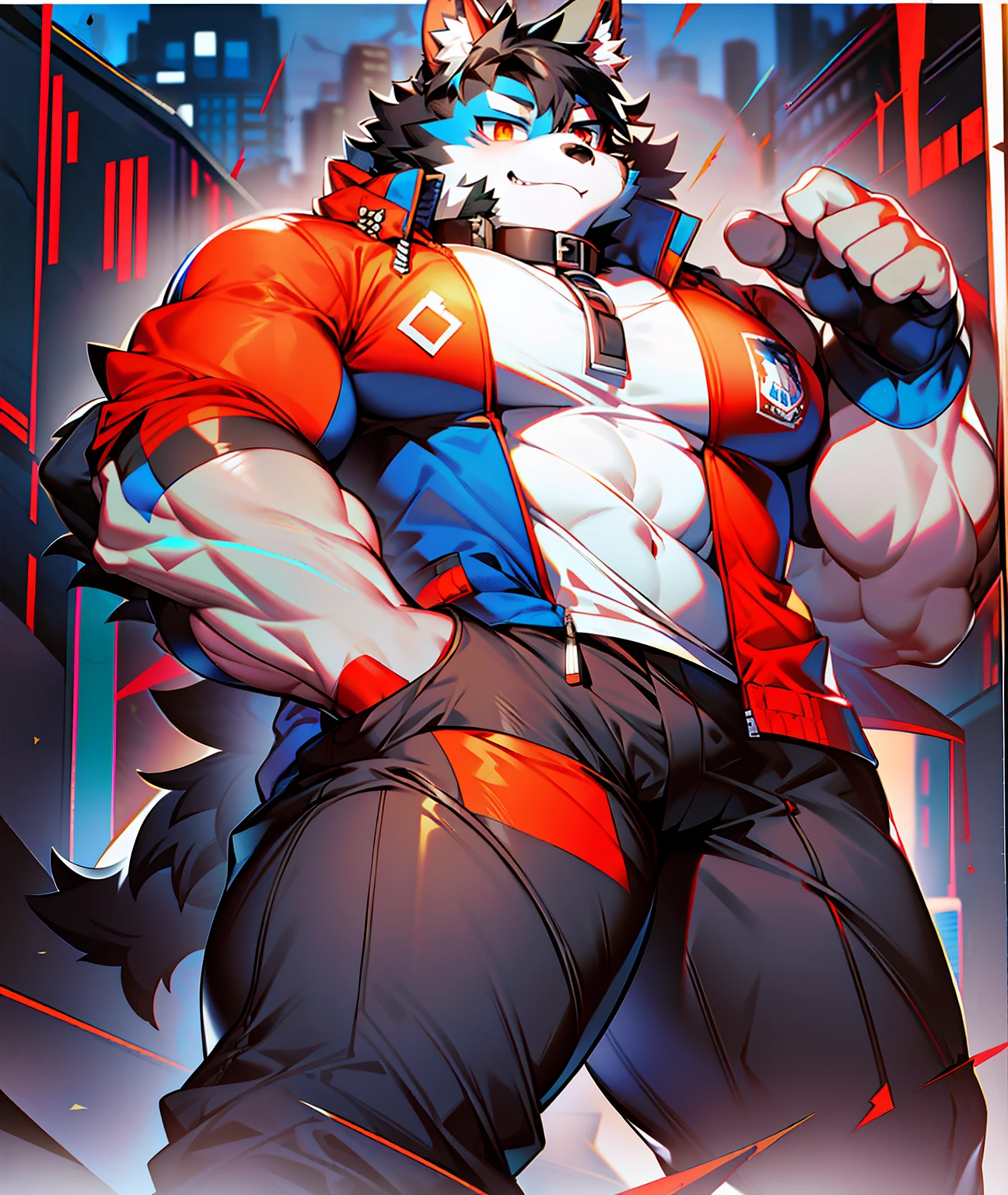 coyote，Furry，Blue pattern，Black hair，musculature，Muscle men，nakeness，Strong，ultraclear，Has a large ，Collar，Black  shorts，Black sclera，red pupils，Abs，Red coat，Heterochromic pupils，The erection，Collar，Has a large ，der riese，tit，Solo，Stout arms，Storm jacket，hold fists，Badge
