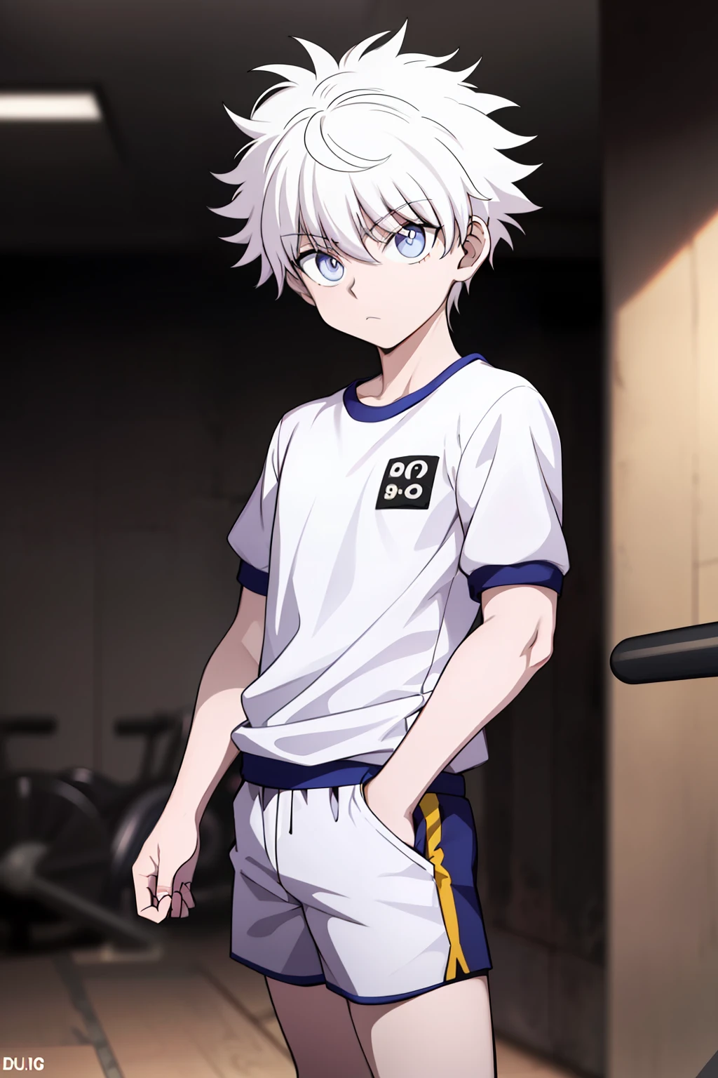 killua_zoldyck,
Quality: highres, top quality, stunning art, detailed
Character details: 1boy, male focus, solo, wide-eyed, constricted pupils
Clothing 3: white shirt, gym uniform, gym shirt, short sleeves, gym yellow shorts, pain white shirt, no logo
Situation: 
Location: home muji style