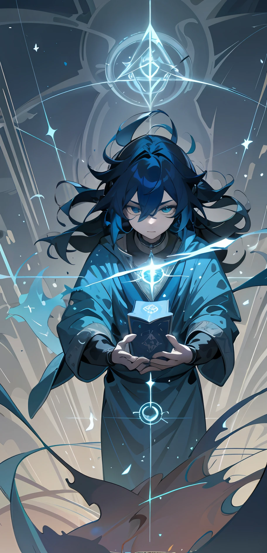 (fantasy),unlimited,Deep blue sky,The abyss of knowledge,knowledge,((tmasterpiece)),(((Need))),((美丽细致的眼睛)),(eyeslashes),(A boy),blue hair,long whitr hair,Abyss Eye,Shiny skin,(Bird body,feater),Ultra-fine CG unity 8k wallpaper,tmasterpiece,((ultra - detailed)),((illustration)),Dazzle,Wallpapers,energy,Unknown horror,Arcane,Magic perimeter,Magic surrounds,Magic wand,Pages flying in the sky,Blue Flame,Warlock,Magic Array,pentacle,Sing magic,fanciful,epic,Illustration in movie poster style,A young boy in a turquoise dress,With dynamic and magical backgrounds,With prominent and well-designed typographic elements,Waving a staff,Magical snow valley,A roaring monster behind him,Glowing runes, Intricate details, (The is very detailed:1.3), HDR(HighDynamicRange), Ray traching, NVIDIA RTX, Hyper-Resolution, depth of fields, Maximum clarity and sharpness, Albedo e mapas Speculares, Surface Coloring,Accurately simulate light-material interactions,perfectly proportions,rendering by octane,8K RAW,High-Efficiency Sub-Pixel,Luminous Particle,Light scattering,Tyndall effect