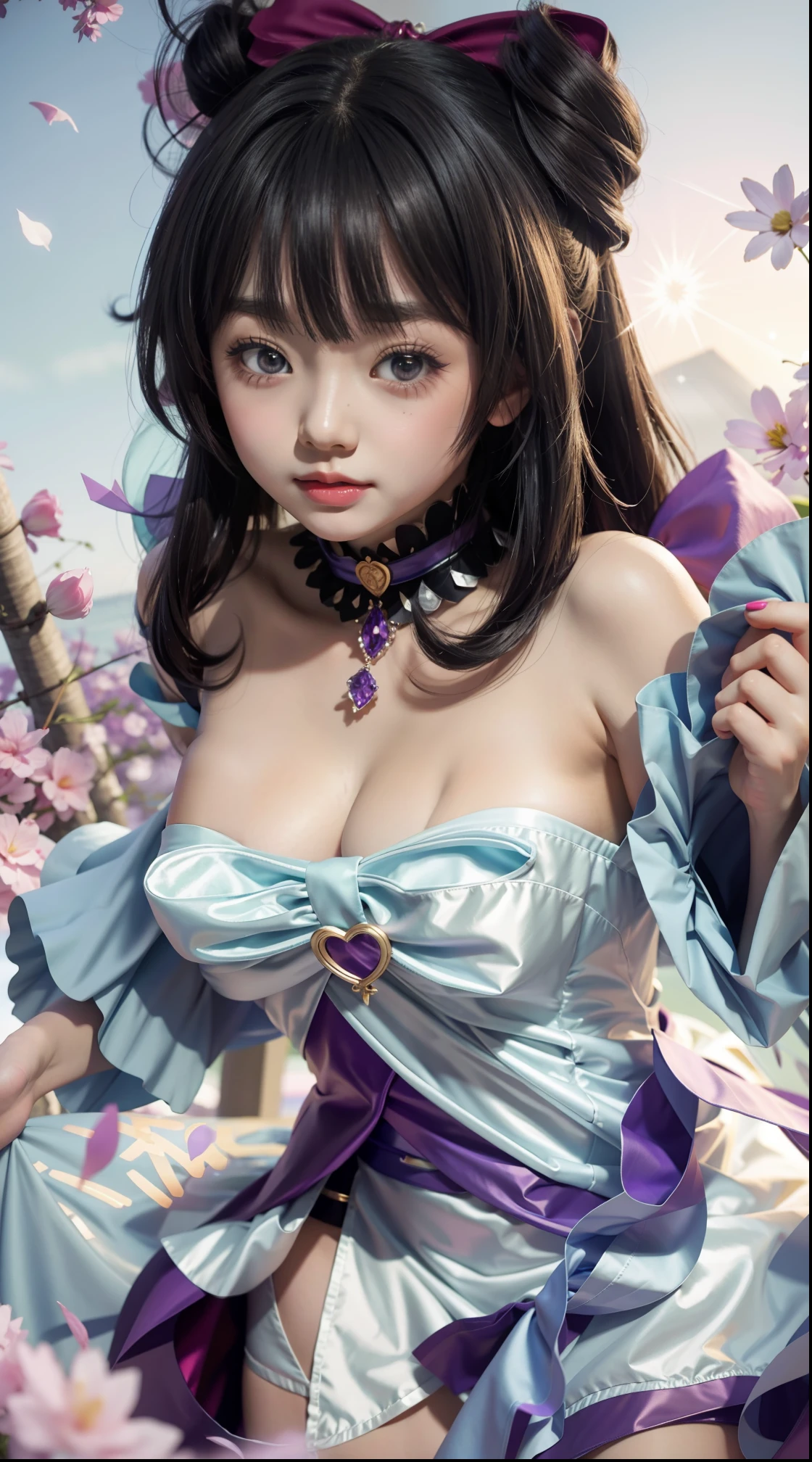 A woman in a white dress and a purple dress poses on the bridge, seductive anime girls, beautiful and seductive anime woman, Anime goddess, Detailed anime artwork, small curvaceous loli, Detailed key anime art, Beautiful anime girl, cute anime waifu in a nice dress, detailed anime art, Beautiful anime woman, Beautiful anime artwork, clean and meticulous anime art, Guviz