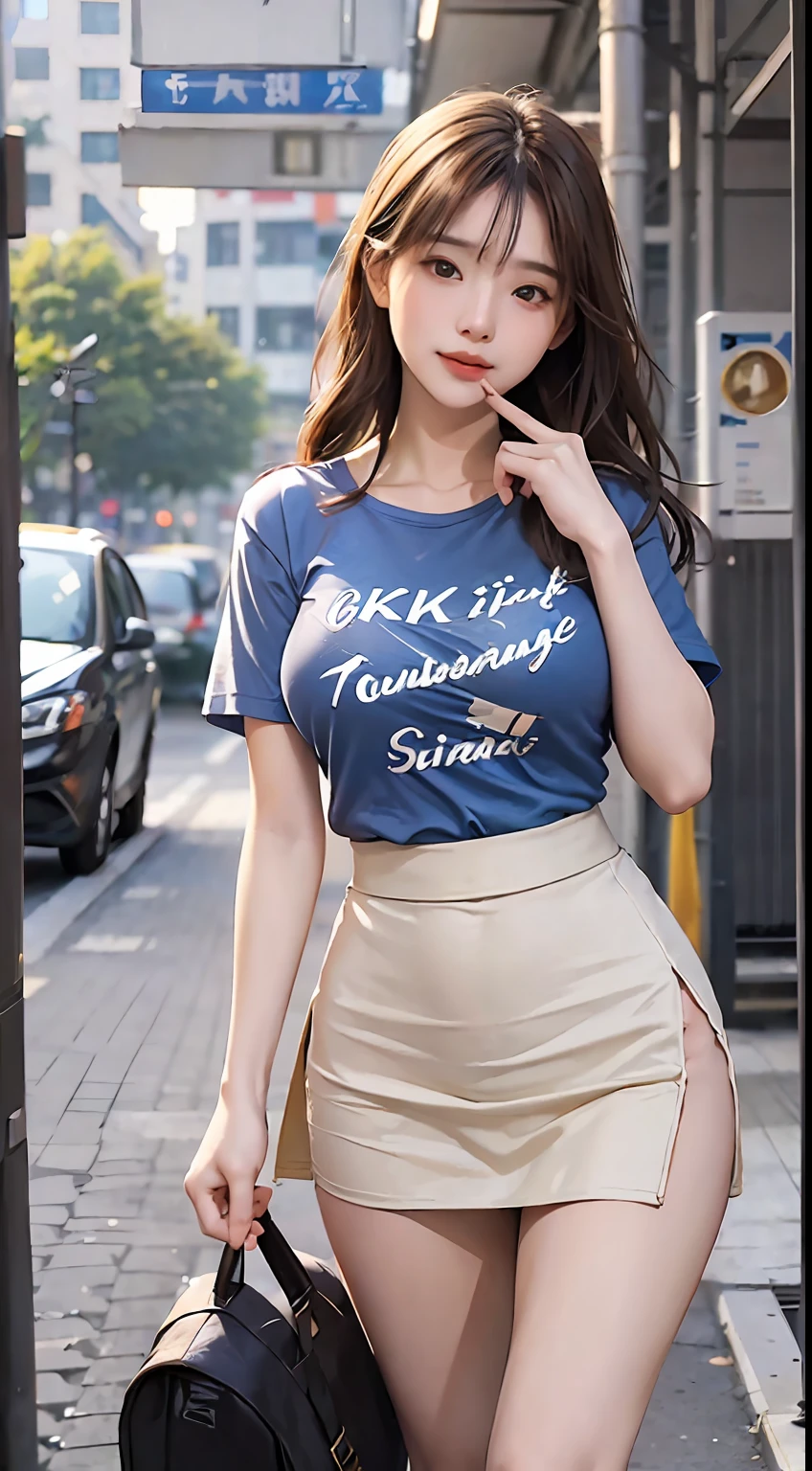 ((best qualtiy, 8k, tmasterpiece:1.3)), Fat body beauty:1.4, Chinese women,A plump chest:1.6,Rounded thighs:1.6,long whitr hair,(tee shirt,short skirt:1.6),Lean,Highly detailed facial and skin texture, A detailed eye, 二重まぶた,with a round face,Thin lips,ssmile,Rich state,Fair skin,Stand up,scenery background