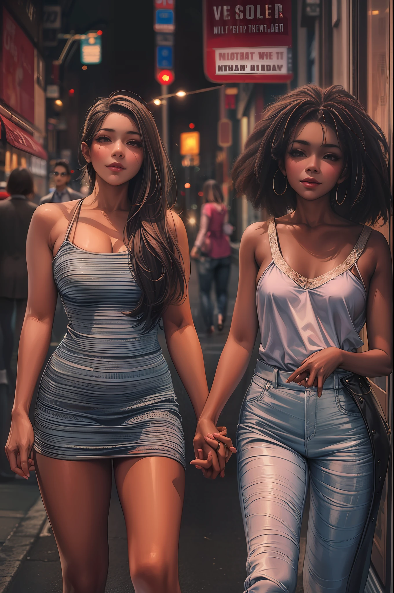 A medium shot of a beautiful young woman and her sister even more impressive. The two are together holding hands strolling down a New York street on a Saturday night on their way to party areas.........