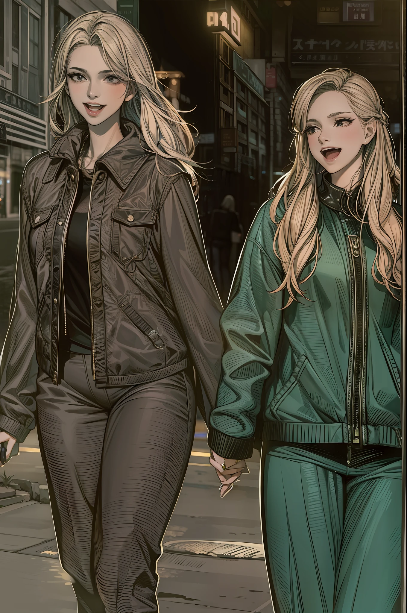 A medium shot of a beautiful young woman and her sister even more impressive. The two are together holding hands strolling down a New York street on a Saturday night on their way to party areas.........