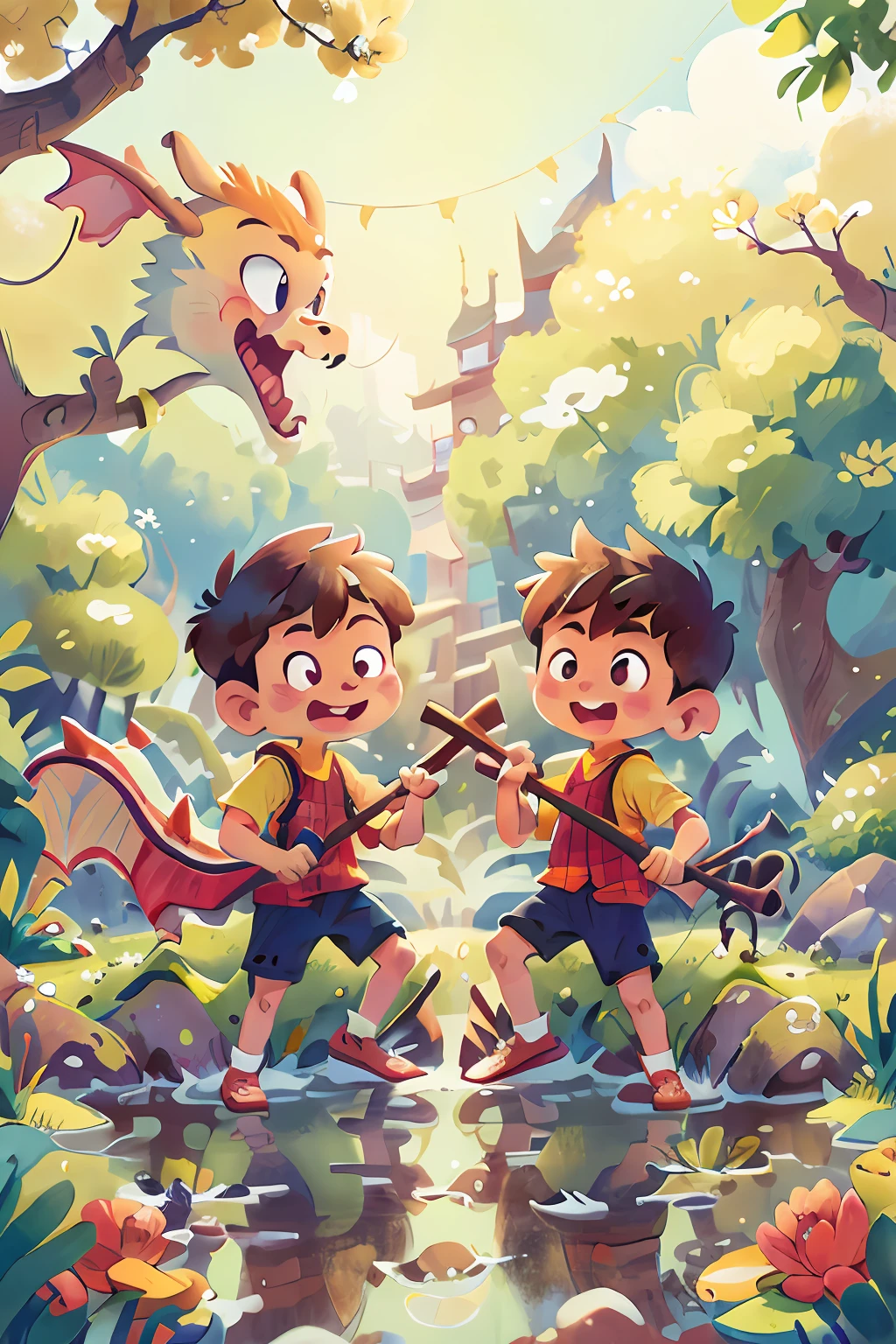 Poster design, (SFW), two rowing boys, Chinese dragon, spring outing, happy, background is a small river interspersed in Chinese street, perfect quality, clear focus, colorful, perfect face, intricate details, ultra-low viewing angle, wide angle lens
