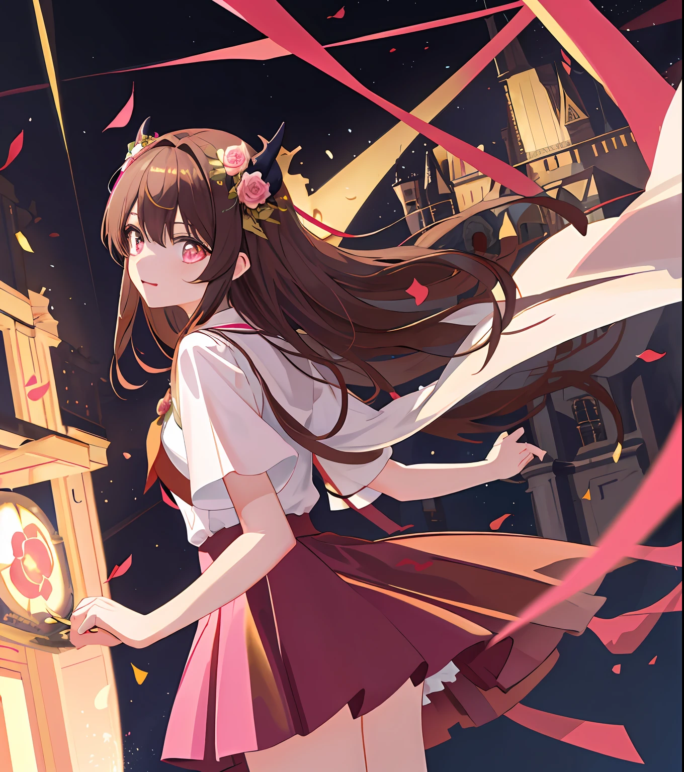 Masterpiece quality,The best quality assurance。A brown hair、Cute girl with golden eyes。Tsundere,Wear a short skirt,Exudes magic,With a rose headdress,Pink gradient dress,Long hair flutters in the wind,Naughty,adolable,devil horns,In the daytime,divino,white church,Holy church