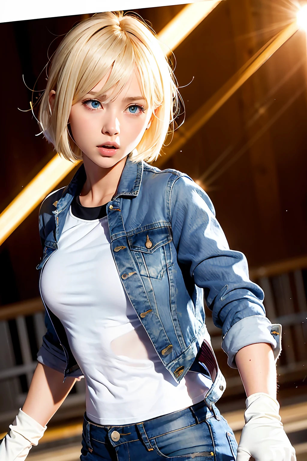 (((1 girl, cute, denim jacket, white top, jeans, Gloves, blond, short hair, bob hair, side parted hair, blue eyes))), (((blond hair))),
dynamic poses, manga style, depicting a group of characters in various action scenes, from intense battles to lighthearted moments, with dramatic speed lines and bold sound effects, capturing the excitement and energy of the story, Laser rays from the palm of hand, Attack forward with palm, yellowstone park, Grand Canyon,