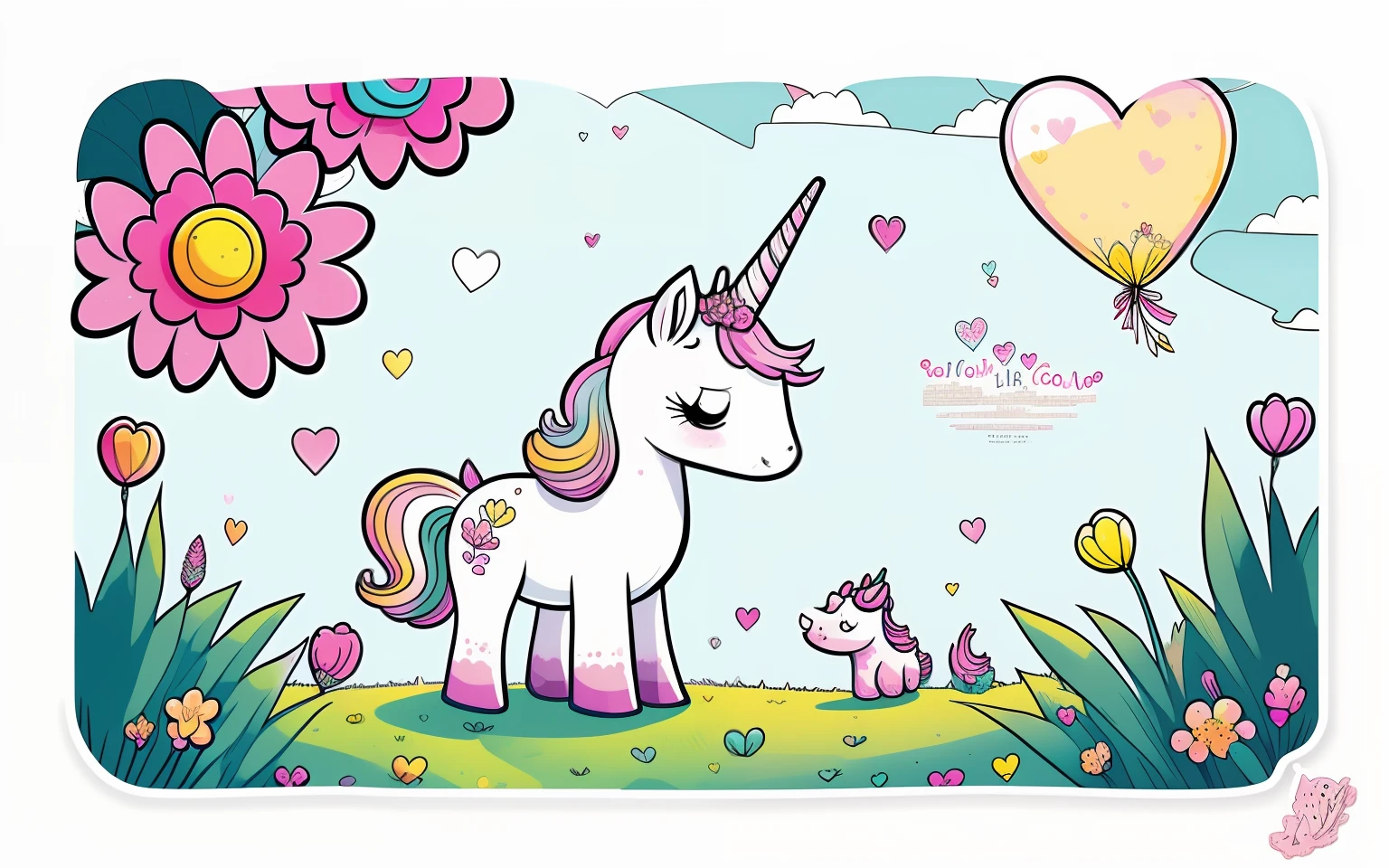 Arte vectorial de un lindo y feliz unicornio kawaii solitario corazones y flores, retraro fantastico, Destellos, sin color, hoja blanca, chozas de hadas, libro para colorear, for children, minimal, 1 sticker