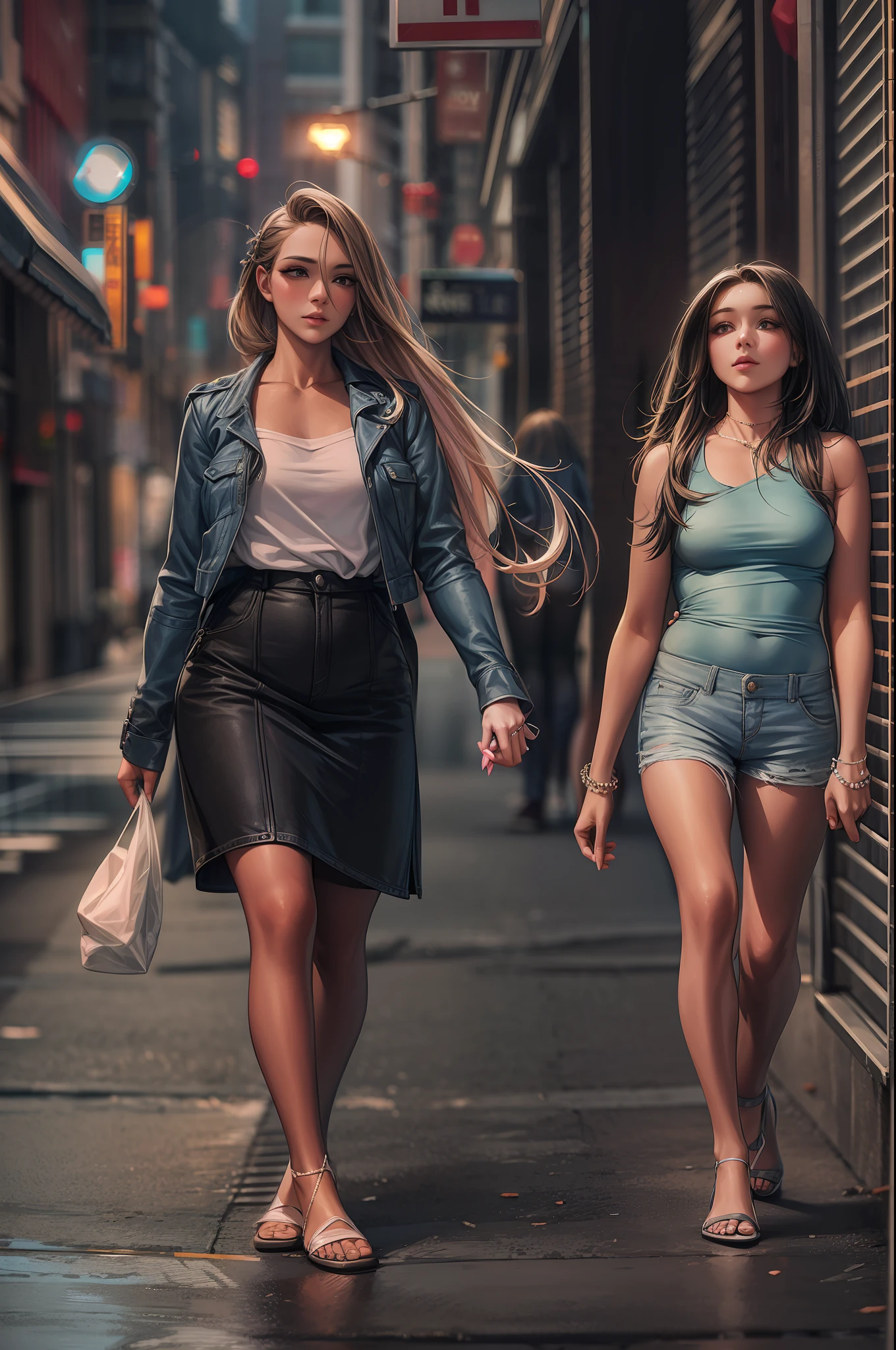 A medium shot of a beautiful young woman and her sister even more impressive. The two are together holding hands strolling down a New York street on a Saturday night on their way to party areas.........