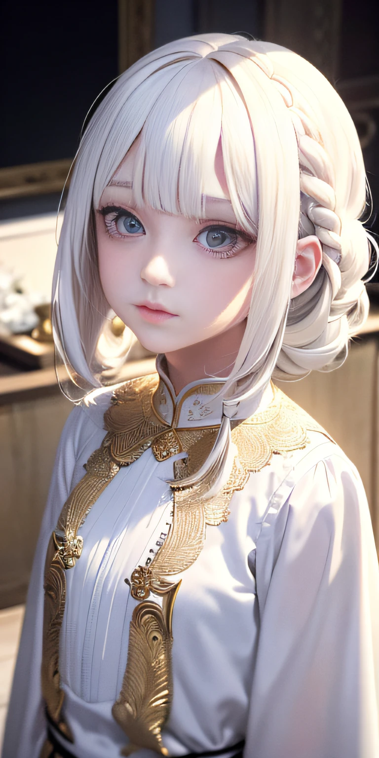 Best, masterpiece, white hair, golden eyes, white clothes, looking up, upper body, hair, fair skin, side braids, masterpiece, white hair, golden eyes, white clothes, looking up, upper body, hair, fair skin, side braids