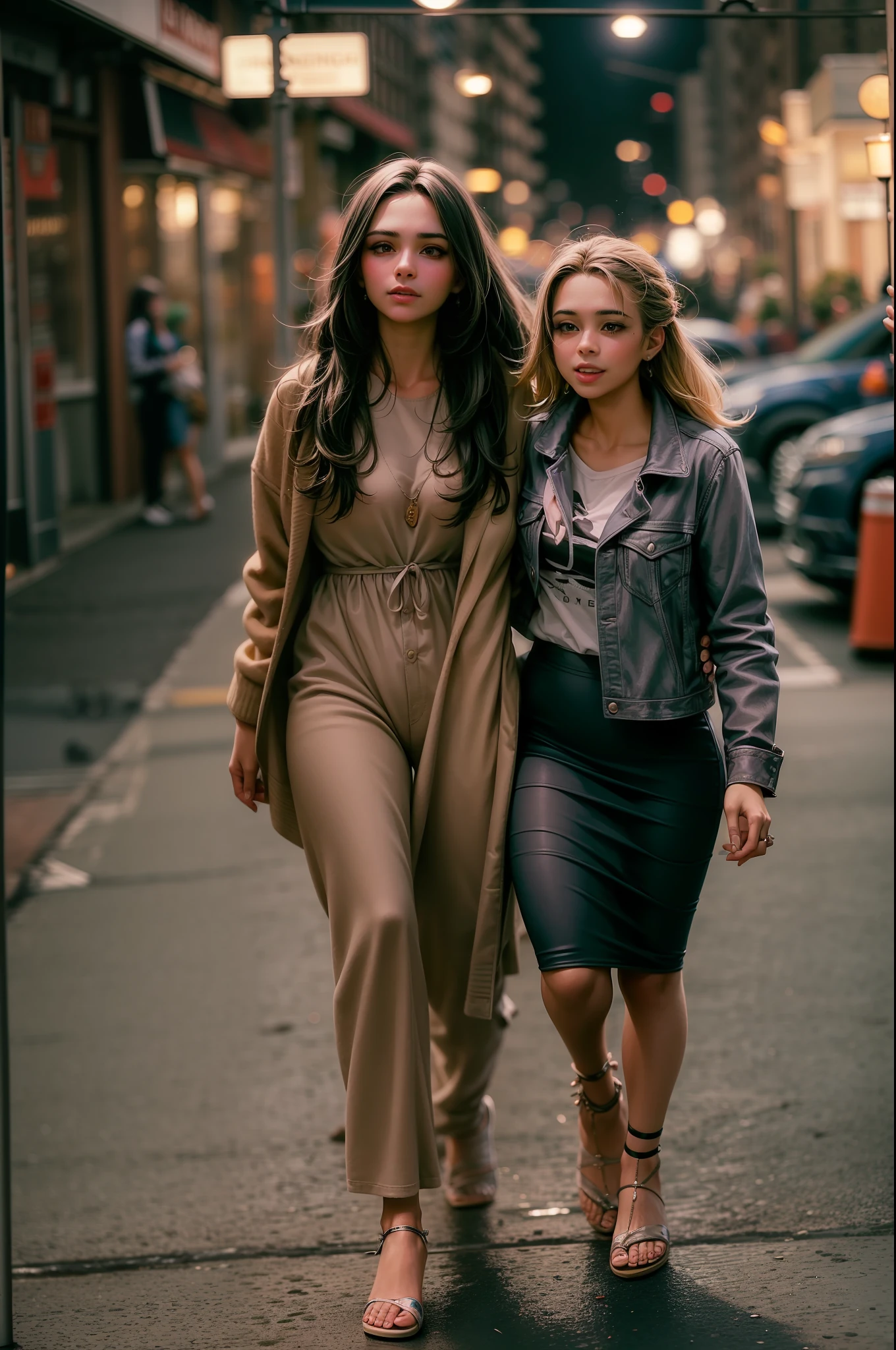 A medium shot of a beautiful young woman and her sister even more impressive. The two are together holding hands strolling down a New York street on a Saturday night on their way to party areas...........
