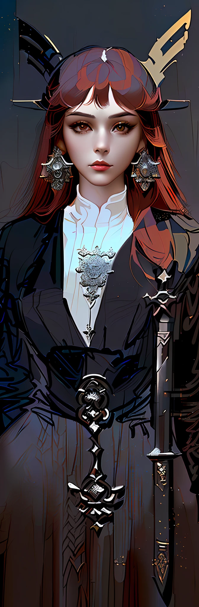 There was a woman with a sword and a hat, Charlie Bowater style, immaculate detail, character art closeup, holding a sword on her shoulder, ornate korean polearm behind her, female redhead templar, highly detailed exquisite fanart, NeoArtcore和Charlie Bowater（charlie bowater）, Incredibly clear details, very detailed and rich clothing, closeup detailed