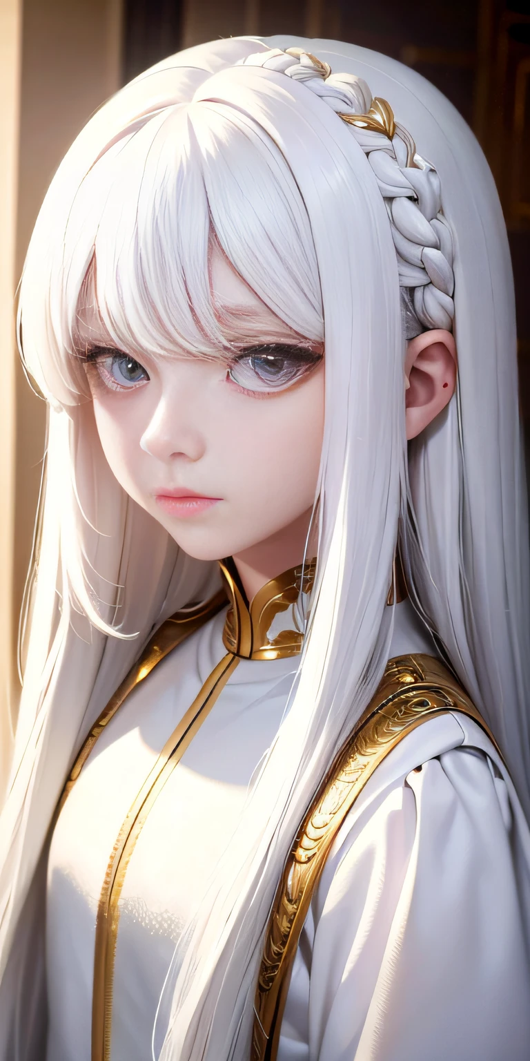 Best, masterpiece, white hair, golden eyes, white clothes, looking up, upper body, hair, fair skin, side braids, masterpiece, white hair, golden eyes, white clothes, looking up, upper body, hair, fair skin, side braids