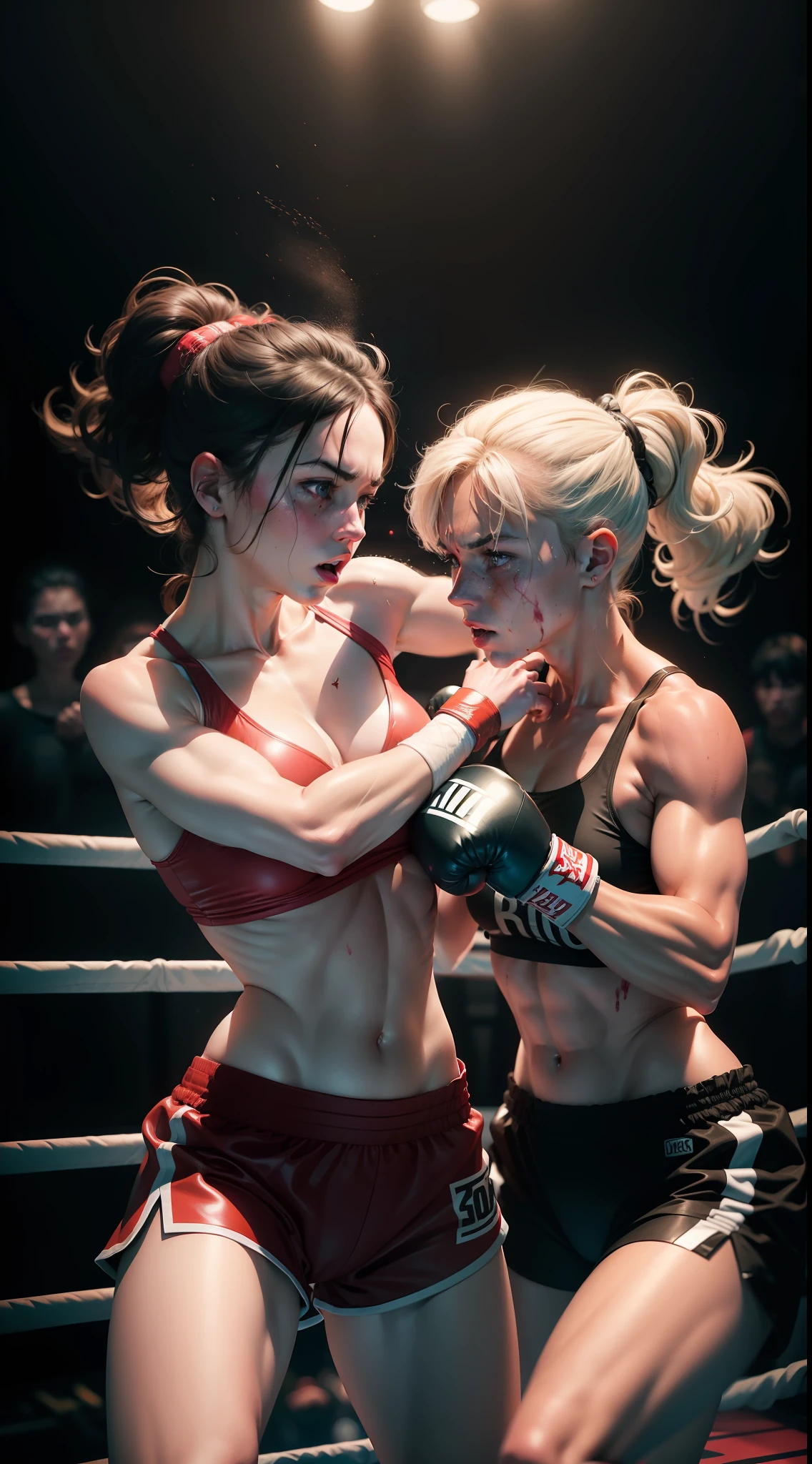 Two women fighting on the boxing ring, (Body wound, bruised, bleeding), (without clothes), Hyperrealism, cinematic lighting, f/2.8, Nikon, 85mm, 4K, highres, masterpiece, high details