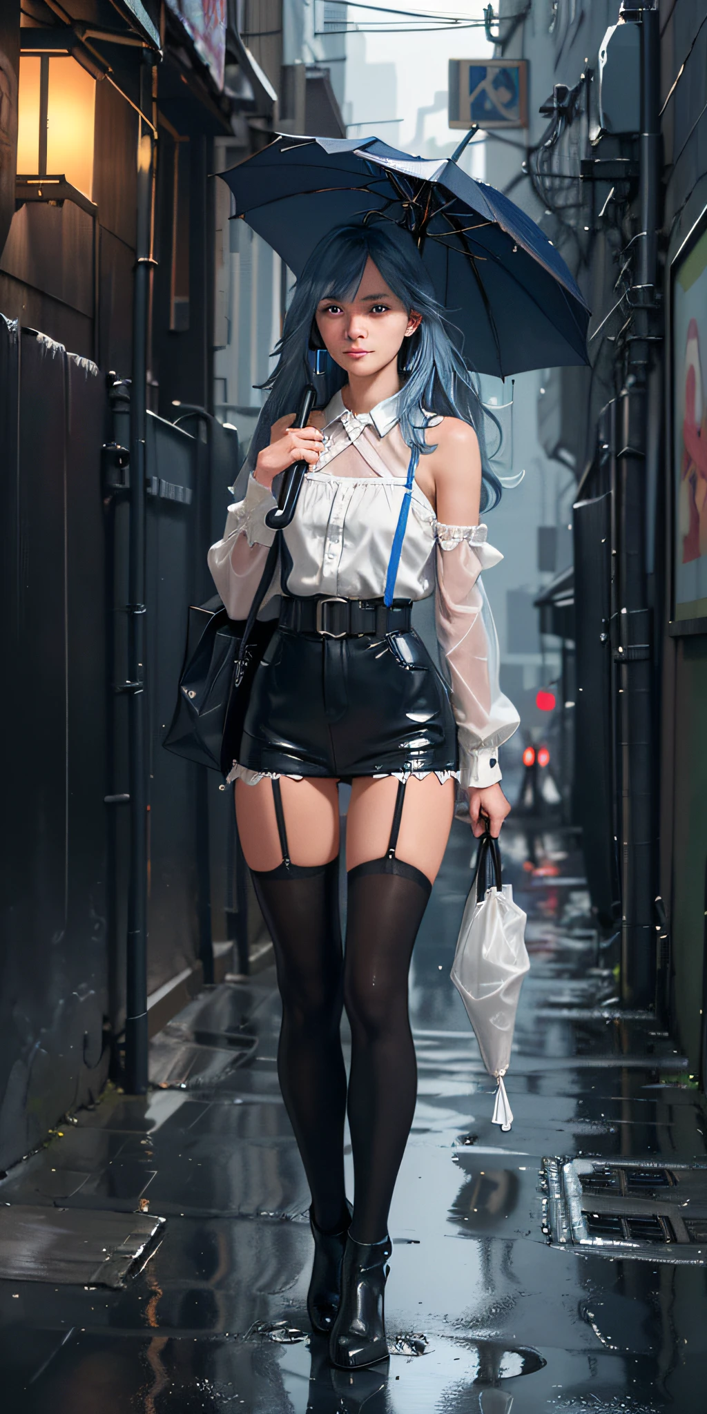 (best quality, masterpiece: 1.3), 1girl, rainy day, fog, alley, umbrella holding, large and transparent umbrella, looking at the viewer, blue hair, facing the photo, cyberpunk city, alone in the alley, neon in the alley, very reflective city, long hair, sized strands going over the alley, bars, Japan, Tokyo, garter belt on one leg, knee pad on the other leg, perfect hand, delicate, night