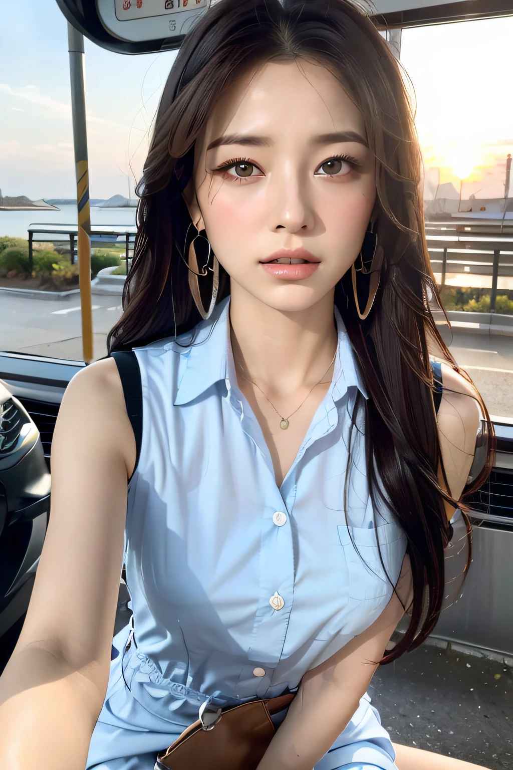 (masterpiece:1.3), high resolution, ultra detailed, extremely detailed CG unity 8k wallpaper, realistic, photo-realistic, RAW photo, beautiful detailed face, pale skin, realistic glistening skin, detailed cloth texture, detailed hair texture, Perfect Style, Beautiful Face, accurate, Anatomically correct, Highly detailed face and skin texture, natural neck length
BREAK
Detailed eyes, symmetric eyes, Brown eyes, Double eyelids, Thin eyebrows, (Sexy Lips:1.3),
BREAK, 
((Innocent and Cute girl:1.3)), ((wearing a sleeveless Light-blue Button shirt dress :1.4)), (beautiful clavicle), (cross strap shoes), shiny small (necklace, bracelet), ((large hoop earrings:1.2)), (ring belt:1.2), (hobo bag over shoulder:1.3), Layered Hairstyle, Dark-brown hair, wavy hair, medium long hair, (slightly Worried face:1.2), medium large breasts, (firm breast), nicely shaped breasts, 
BREAK, 
((Kneeling to the viewer:1.3)), (with Softly grasping hand:1.2), (Peering up at face from below:1.3), (in the bus stop of Japan style:1.2),
BREAK, 
((Cowboy shot:1.3)), (background of beautiful sunset shines:1.4)