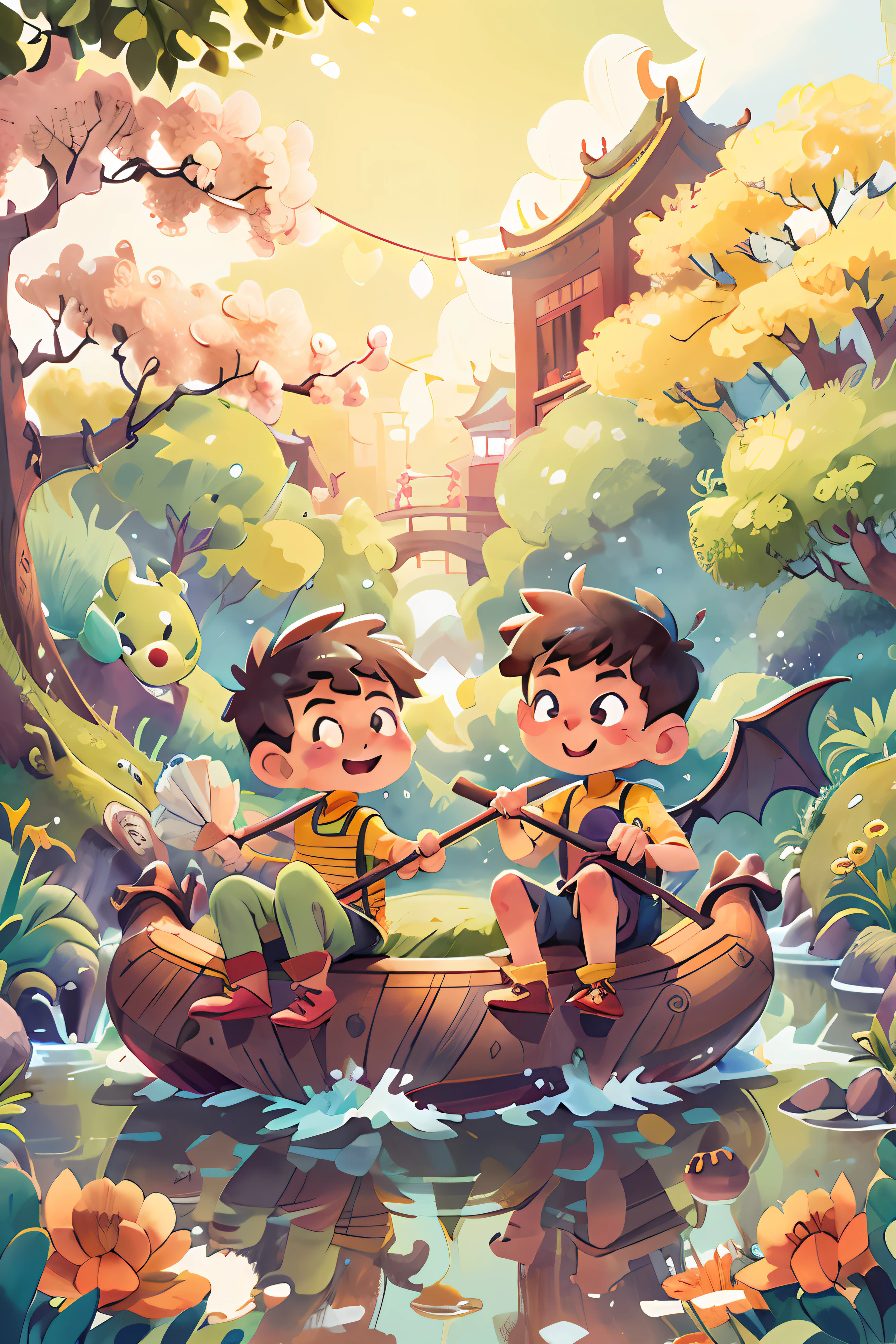 Poster design, (SFW), two rowing boys, Chinese dragon, spring outing, happy, background is a small river interspersed in Chinese street, perfect quality, clear focus, colorful, perfect face, intricate details, ultra-low viewing angle, wide angle lens