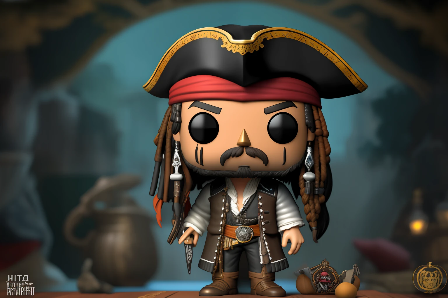 {{A mini funko pop of Johnny Depp portraying Jack Sparrow}}, set in the Pirates of the Caribbean movies. This image draws inspiration from {((artificial intelligence techniques))}, utilizing various angles and perspectives to capture the charm of the funko pop in detail. The ideal context for the image is the cinematic world of Pirates of the Caribbean, creating an emotional connection with fans of the franchise. The {((bokeh))} technique will be used to highlight Jack Sparrow and achieve an artistic background blur effect, appropriately set in iconic movie scenes. The lighting style will be {((Rembrandt))}, emphasizing Jack Sparrow’s drama and expression. The level of detail will be {((high))}, with a {((4K))} resolution, ensuring every aspect of the funko pop and the setting is perfectly visible and captivating. The goal is to create an image that celebrates the iconicity of Jack Sparrow in Pirates of the Caribbean, generating an emotional impact on viewers.}