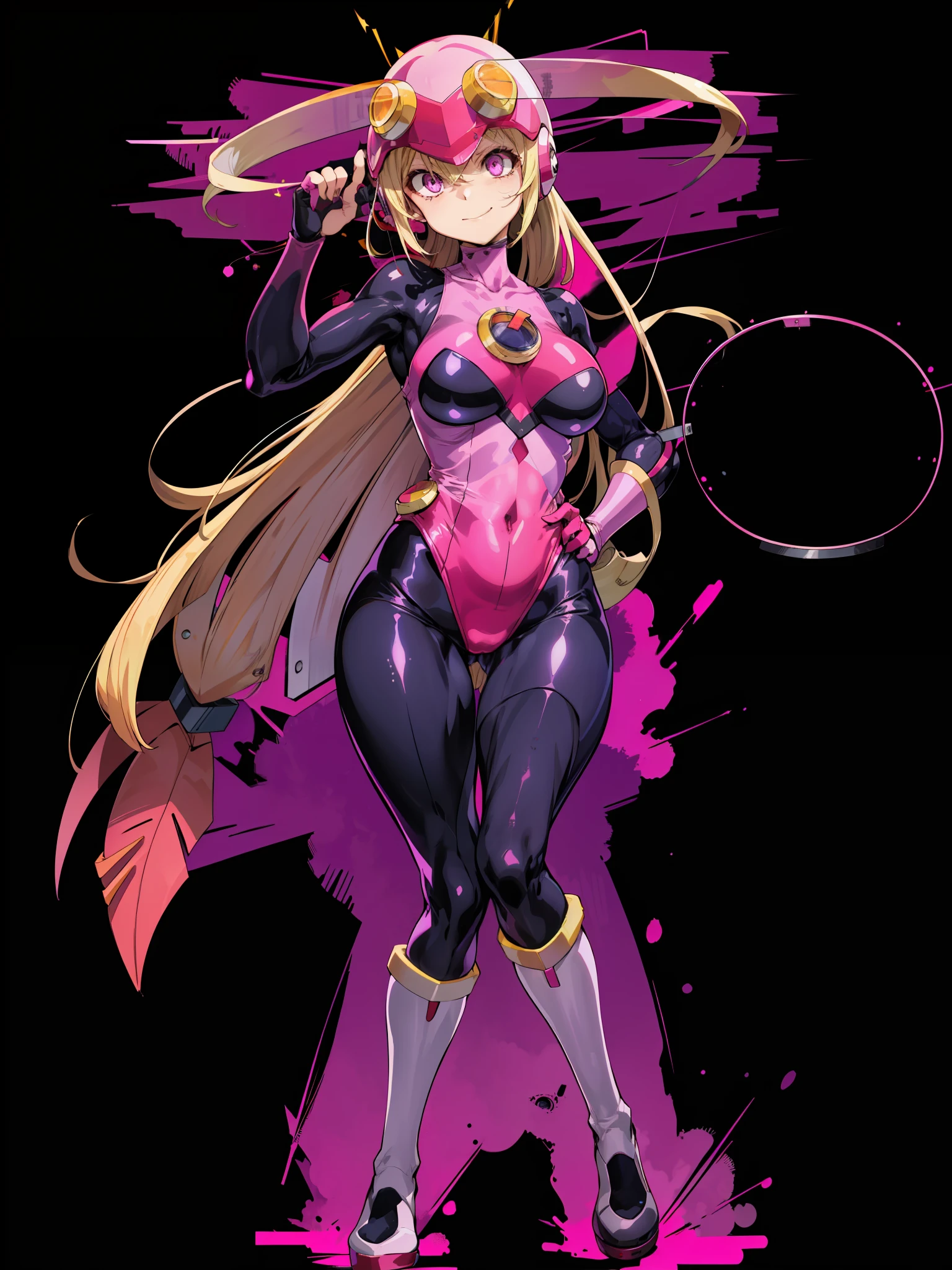 masutepiece,Best Quality,1girl in,roll_....exe_megamanbn,(helmets),Blonde hair,Long hair,Leotard,Pink eyes,Purple bodysuit,body suit,Eyes without light,moderate breast bulge,Thin laughter,Nails with sharp fingertips,Tied to a machine,glowing circuit background,Black lightning strike