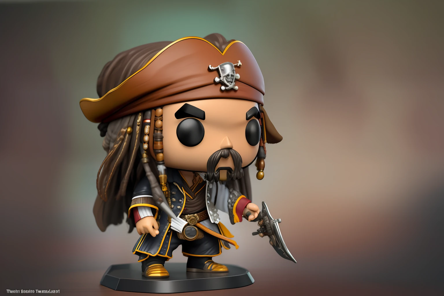 {{A mini funko pop of Johnny Depp portraying Jack Sparrow}}, set in the Pirates of the Caribbean movies. This image draws inspiration from {((artificial intelligence techniques))}, utilizing various angles and perspectives to capture the charm of the funko pop in detail. The ideal context for the image is the cinematic world of Pirates of the Caribbean, creating an emotional connection with fans of the franchise. The {((bokeh))} technique will be used to highlight Jack Sparrow and achieve an artistic background blur effect, appropriately set in iconic movie scenes. The lighting style will be {((Rembrandt))}, emphasizing Jack Sparrow’s drama and expression. The level of detail will be {((high))}, with a {((4K))} resolution, ensuring every aspect of the funko pop and the setting is perfectly visible and captivating. The goal is to create an image that celebrates the iconicity of Jack Sparrow in Pirates of the Caribbean, generating an emotional impact on viewers.}