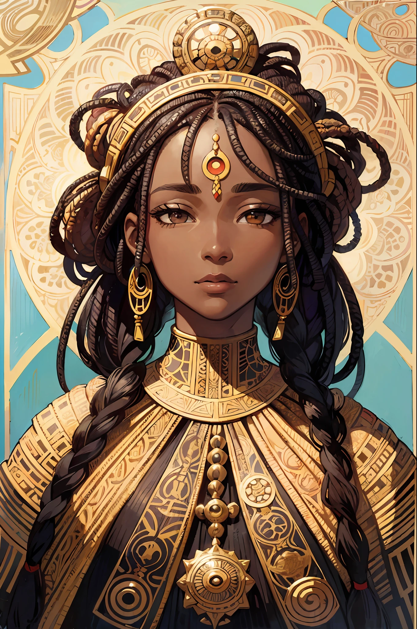 African woman face portrait、dreadlock hair、A dark-haired、Animal Frame、Decorative panel、abstract art、By Alphonse Mucha (masterpiece、top-quality、hight resolution: 1.4)、detaileds、intricate-detail、4K、color splashes、Line Art、Fibonacci、