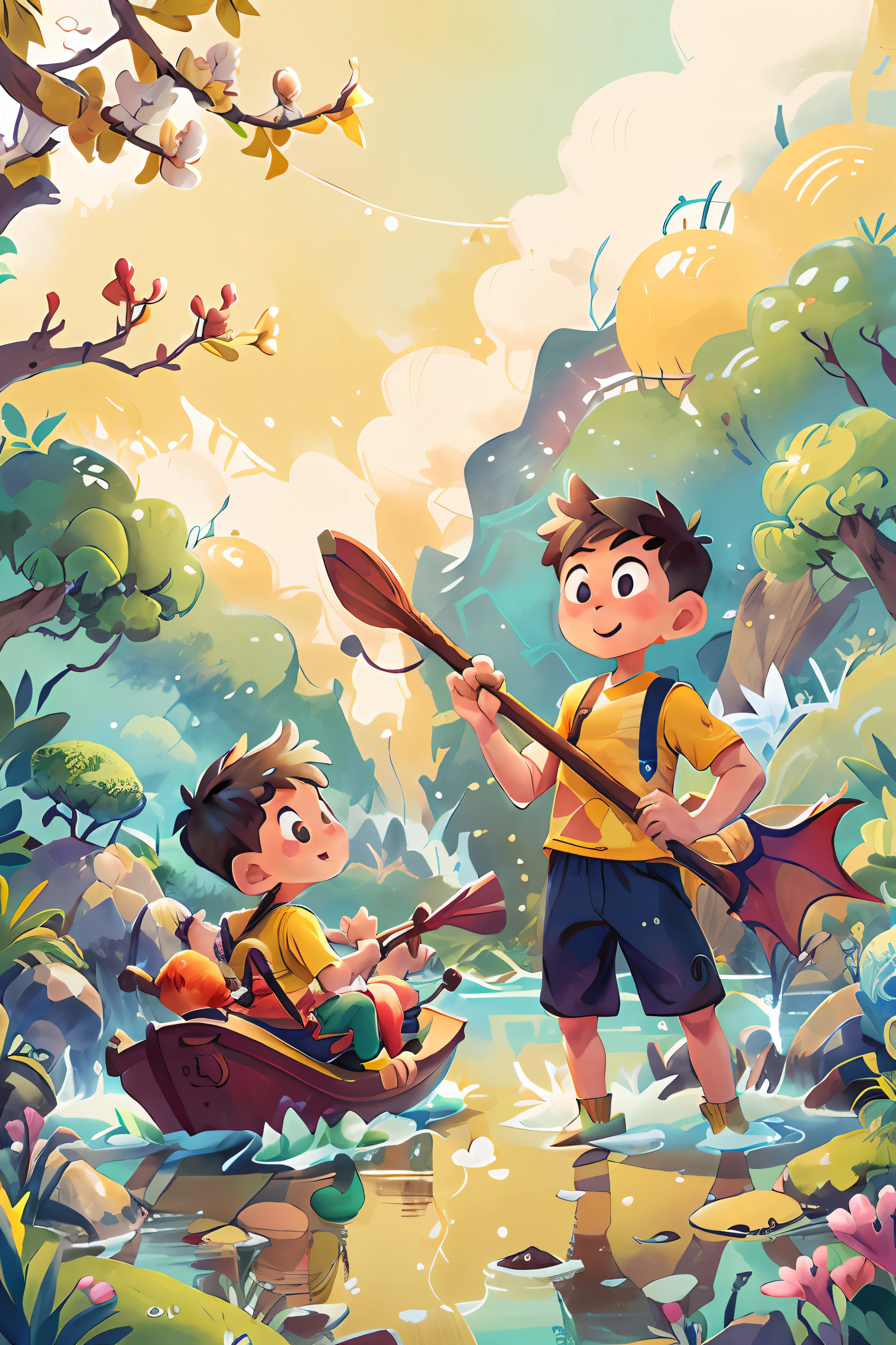 Poster design, (SFW), two rowing boys, Chinese dragon, spring outing, happy, background is a small river interspersed in Chinese street, perfect quality, clear focus, colorful, perfect face, intricate details, ultra-low viewing angle, wide angle lens
