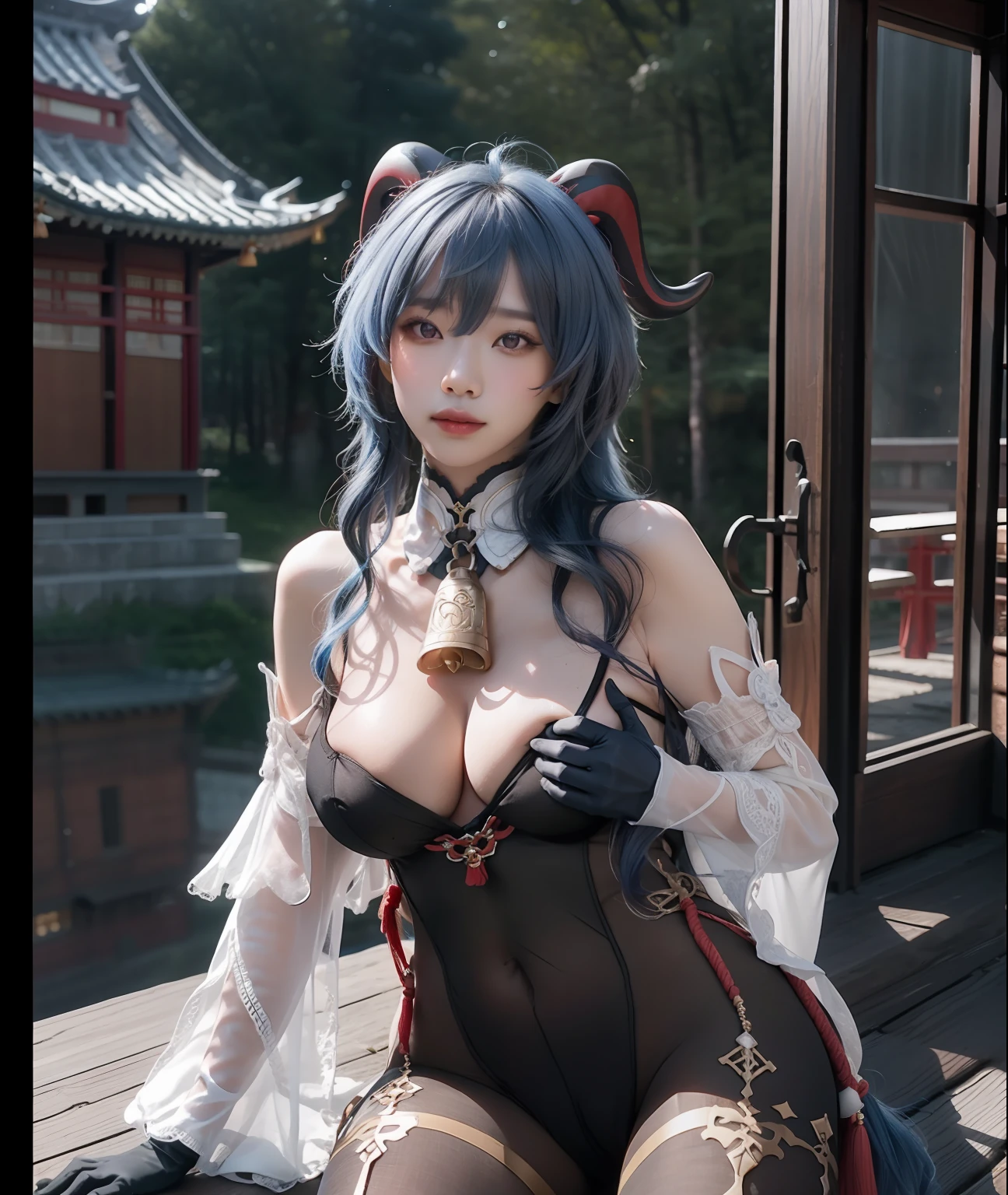 masterpiece, (photorealistic:1.5), best quality, beautiful lighting, real life, ganyu \(genshin impact\), 1girl, ahoge, architecture, bangs, bare shoulders,naked,big boobs, showing boobs, showing pussy, bell, black gloves, black pantyhose, (blue hair), blush, breasts, chinese knot, detached sleeves, east asian architecture, flower knot, gloves, horns, long hair, looking at viewer, medium breasts, neck bell, night, outdoors, pantyhose, purple eyes, sidelocks, solo, tassel, white sleeves, (ulzzang-6500:0.5) , intricate, high detail, sharp focus, dramatic, beautiful girl , (RAW photo, 8k uhd, film grain), caustics, subsurface scattering, reflections ,