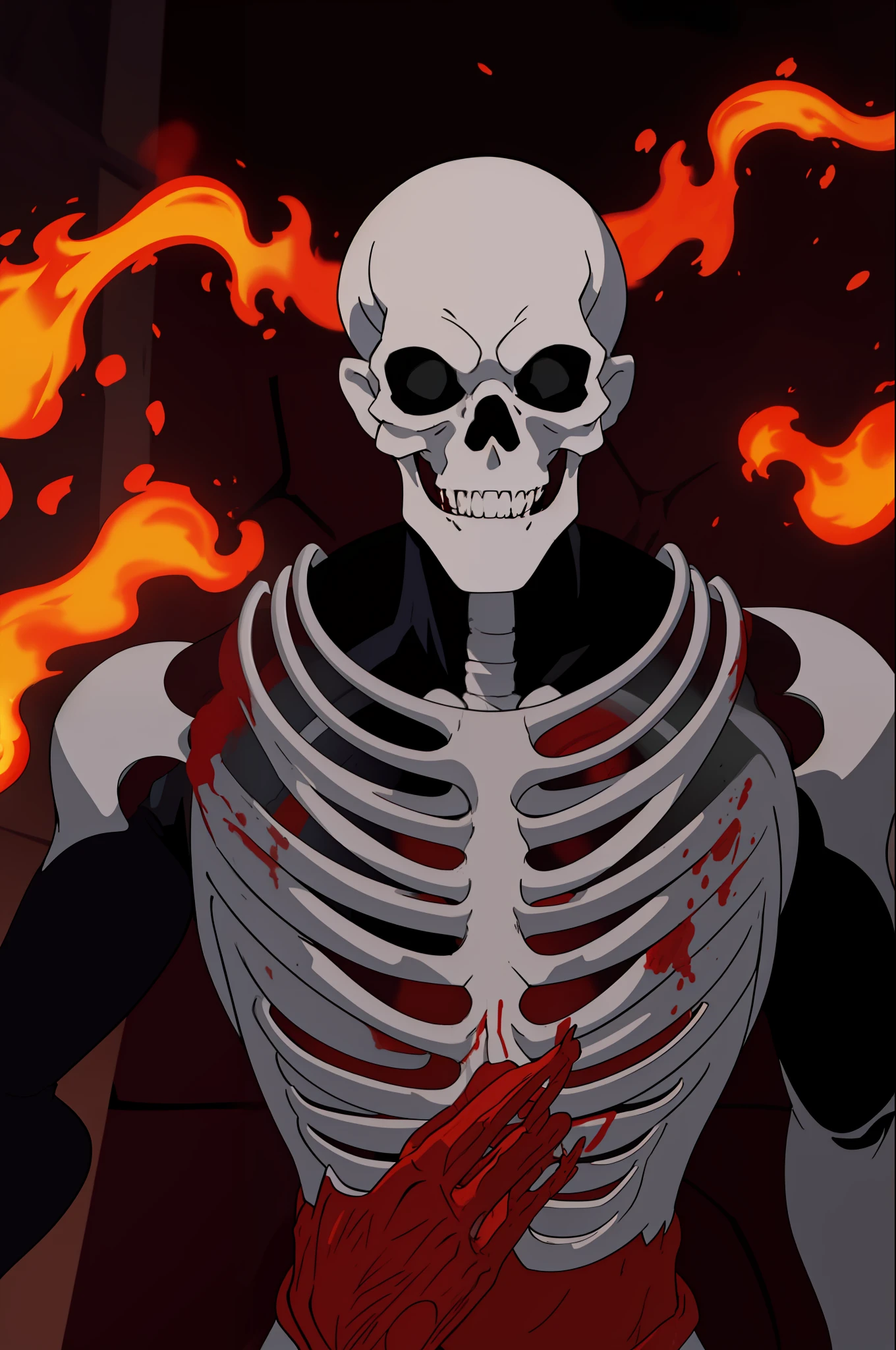 Super detailed BMX, super correct skeleton of a man in fire and blood, super correct face with fangs in blood