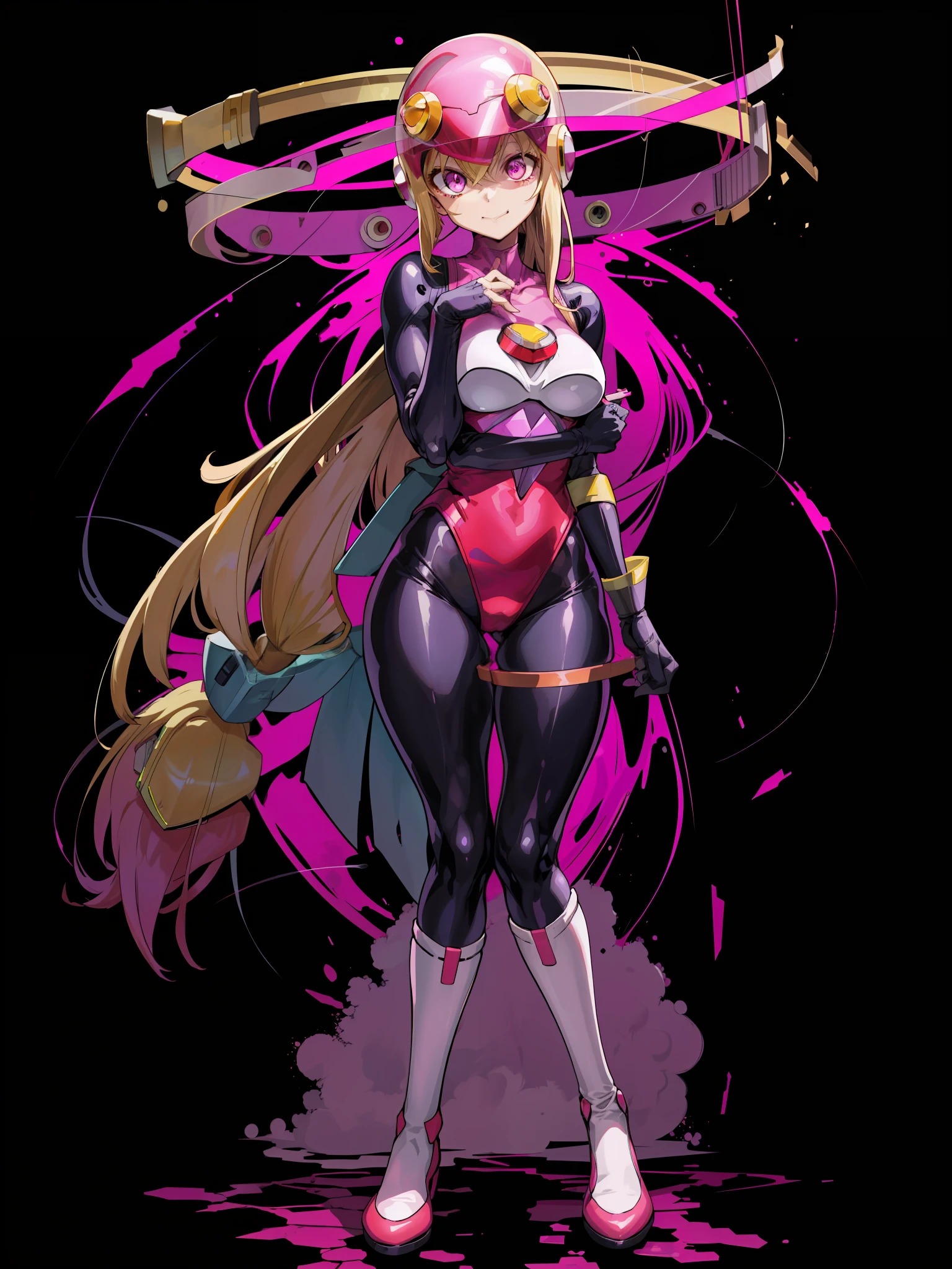 masutepiece,Best Quality,1girl in,roll_.exe_megamanbn,(helmets),Blonde hair,Long hair,Leotard,Pink eyes,Purple bodysuit,body suit,Eyes without light,moderate breast bulge,Thin laughter,Nails with sharp fingertips,Tied to a machine,glowing circuit background,Black lightning strike