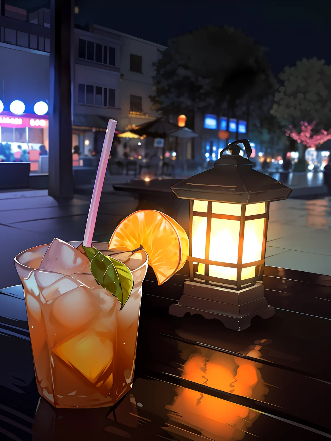 There were drinks and candles on the table outside, tea drinking and paper lanterns, drinking a drink, drinking cocktail, cold drink, street lanterns are shining, On a summer night, dim lantern, In the evening, with orange street lights, drink, photo taken at night, it's night time, old fashion, during night, Summer evening, warm summer nights