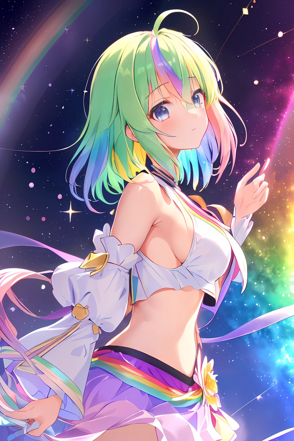 ((extremelydetailedCG)),((8K_Wallpaper)),(((masutepiece))),((top-quality)),watercolor paiting_(Medium),((Beautiful detail starry sky)),both sexes, cinmatic lighting,Princess,very long iridescent hair,from side view,LookingATVIEWER,fullllbody,frilld,(Far from the viewer),((Highly detailed facial)),((Very delicate and beautiful girl)),((extremely detailed cute anime face)),((Very detailed eyes)),(((extra detailed body))),(ultra-detailliert),Illustration,((bare stomach)),((Bare shoulders)),smallbreast,((sideboob barbosa)),((((Floating and rainbow hair)))),(((Iridescence and rainbow hair))),(((Very detailed clothes))),((((Rainbow and iridescent colors)))),(Rainbow colors and rainbow eyes),Beautiful detail hair,Beautiful fece,dramaticangle,(big top sleeves),frilld,blush,(Ahoge)