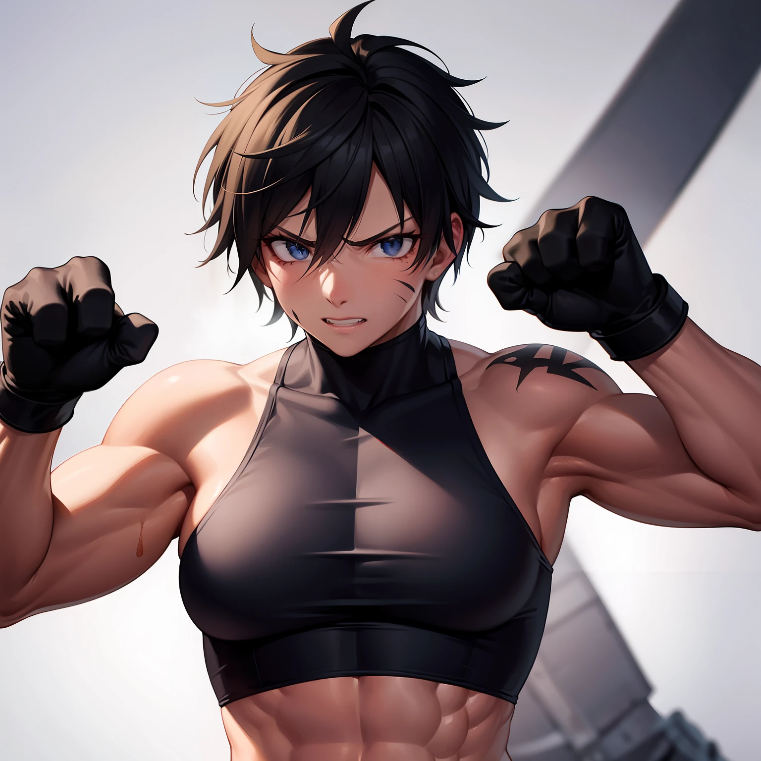 tomboy, toned, muscular, shredded, heavily scarred, warrior