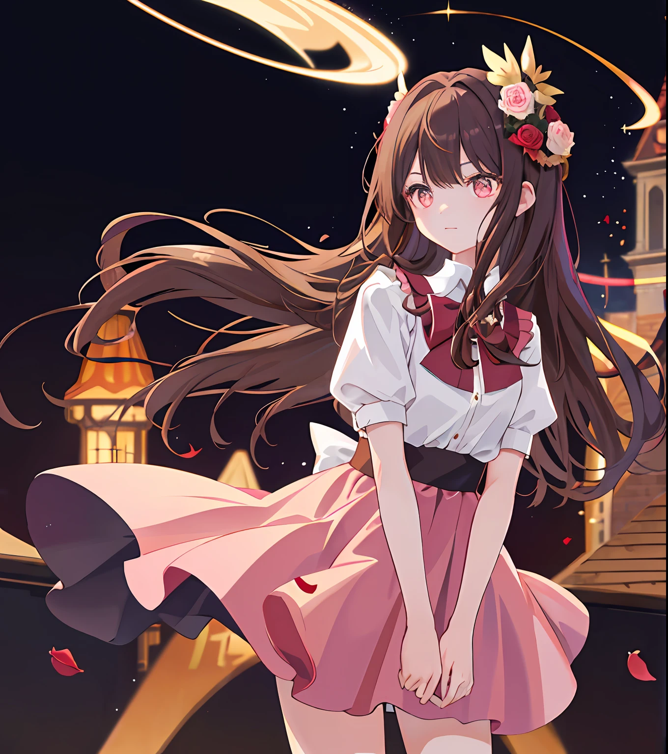 Masterpiece quality，The best quality assurance。A brown hair、Cute girl with golden eyes。Tsundere，Wear a short skirt，Exudes magic，With a rose headdress，Pink gradient dress，Long hair flutters in the wind，Naughty，adolable，devil horns，In the daytime，divino，white church，Holy Church