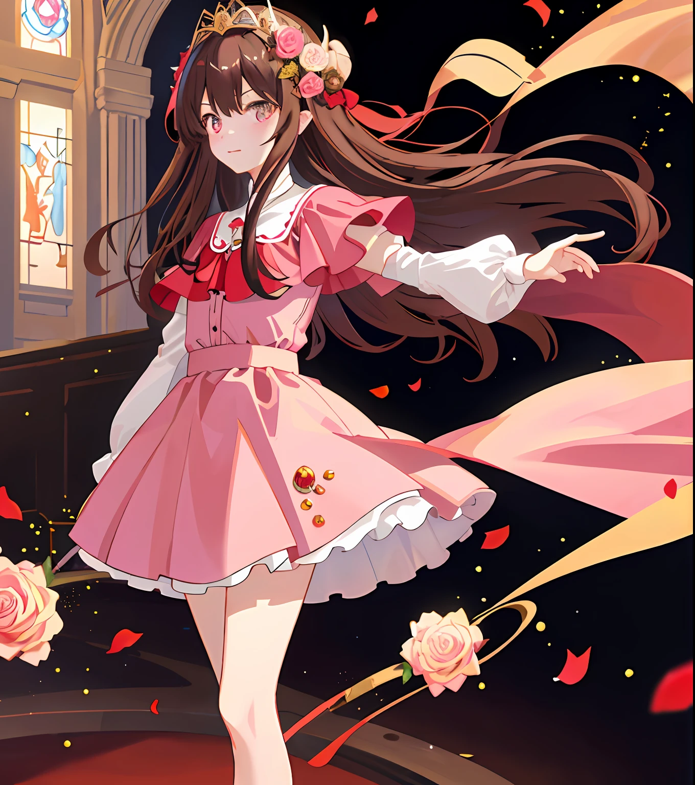 Masterpiece quality,The best quality assurance。A brown hair、Cute girl with golden eyes。Tsundere,Wear a short skirt,Exudes magic,With a rose headdress,Pink gradient dress,Long hair flutters in the wind,Naughty,adolable,devil horns,In the daytime,divino,white church,Holy Church