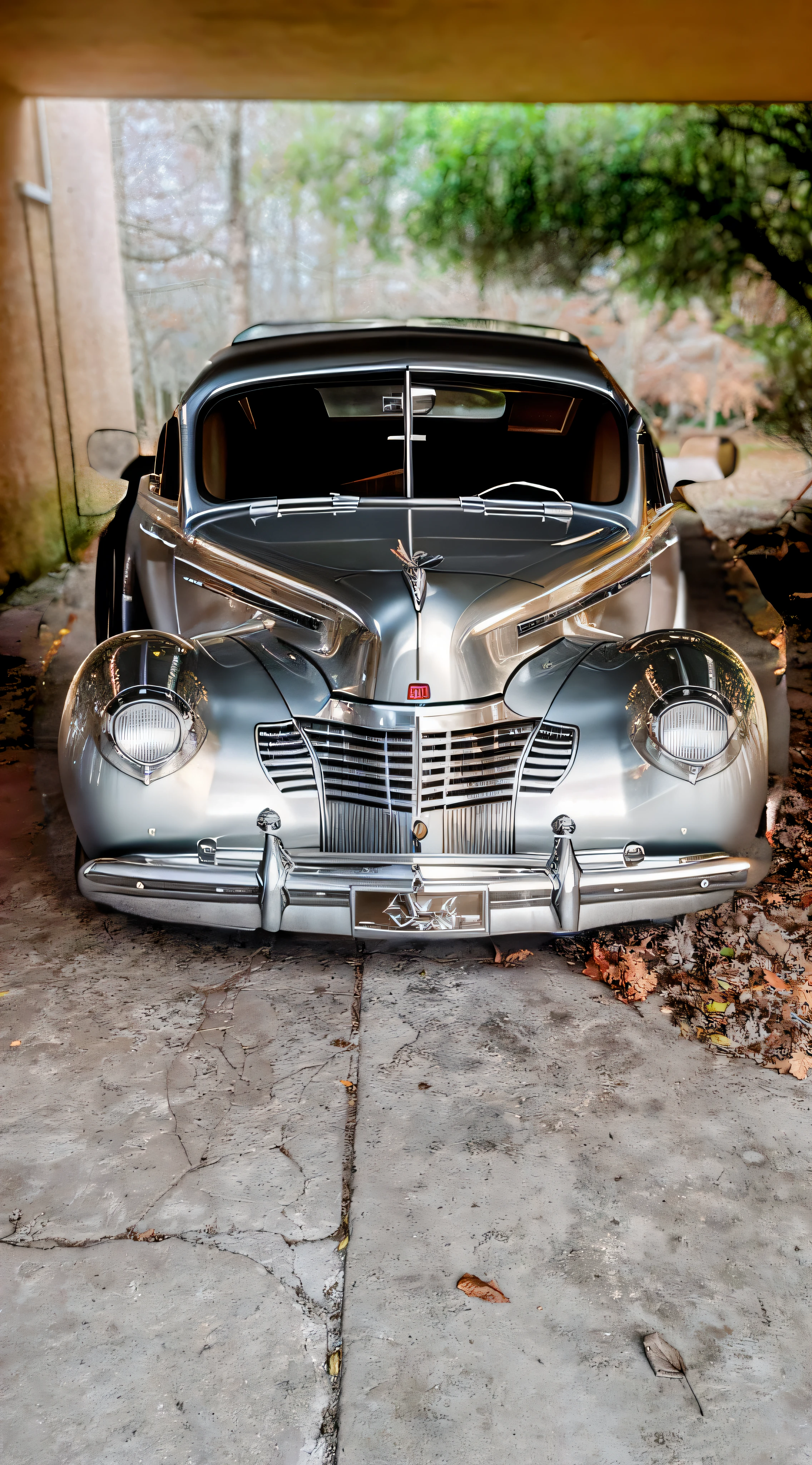 A stunning photograph captures the essence of a classic 1940s silver convertible, its sleek body adorned with intricate chrome details. The meticulously polished hood reflects the surrounding cityscape, casting a luminous glow upon the vintage beauty. The image treats the eye to a symphony of contrasting shades, as the gleaming silver meets the smooth gradients of the sky. A touch of nostalgia hangs in the air, evoking the glamour and elegance of a bygone era, The artful composition depicts the auto elegante with a sense of motion frozen in time, as if it were gracefully cruising through the bustling streets. The photographer's choice of perspective allows the viewers to admire the smooth contours of the car, emphasizing its powerful yet refined presence. The vintage charm of the vehicle is elevated by the surrounding architecture, capturing the essence of the era and hinting at the stories that unfolded on those very streets, This image effortlessly combines the art styles of both realistic photography and painterly finesse, as the careful attention to lighting and composition creates a visual feast for the eyes. The silver hues of the automobile seem to come alive, shimmering under the sunlight, while the details of the surroundings create a tapestry of texture and depth. This photograph serves as a window to a time that now exists only in memories, inviting us to appreciate the artistry of design and the elegance of a bygone era