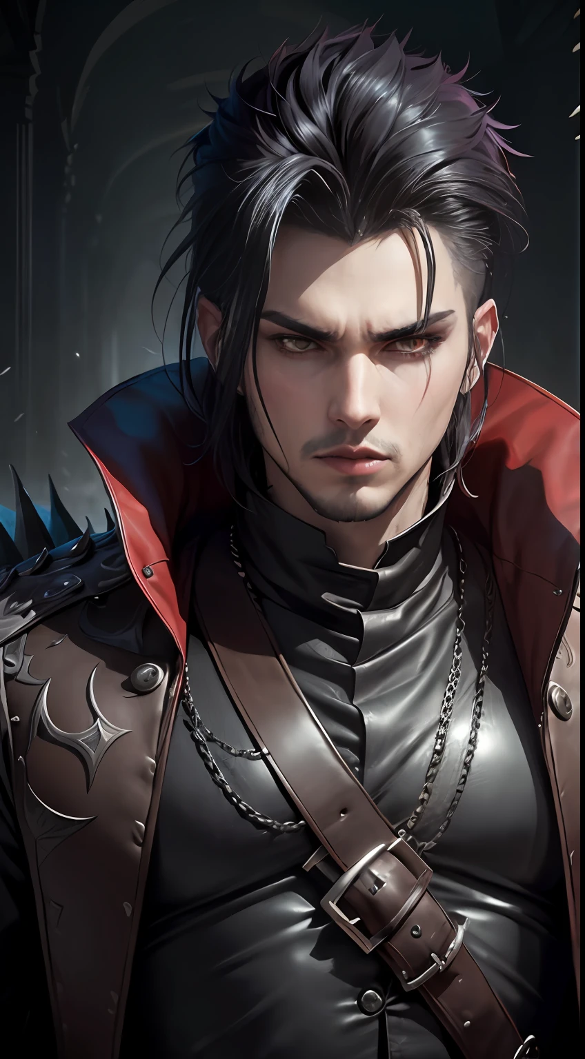 "((portraitures:Man in gloomy scene), Looks similar to Adam Lambert, Wearing a monster hunter style costume, (With a terrifying atmosphere,Anime style horror), tmasterpiece, Perfect face)" --auto