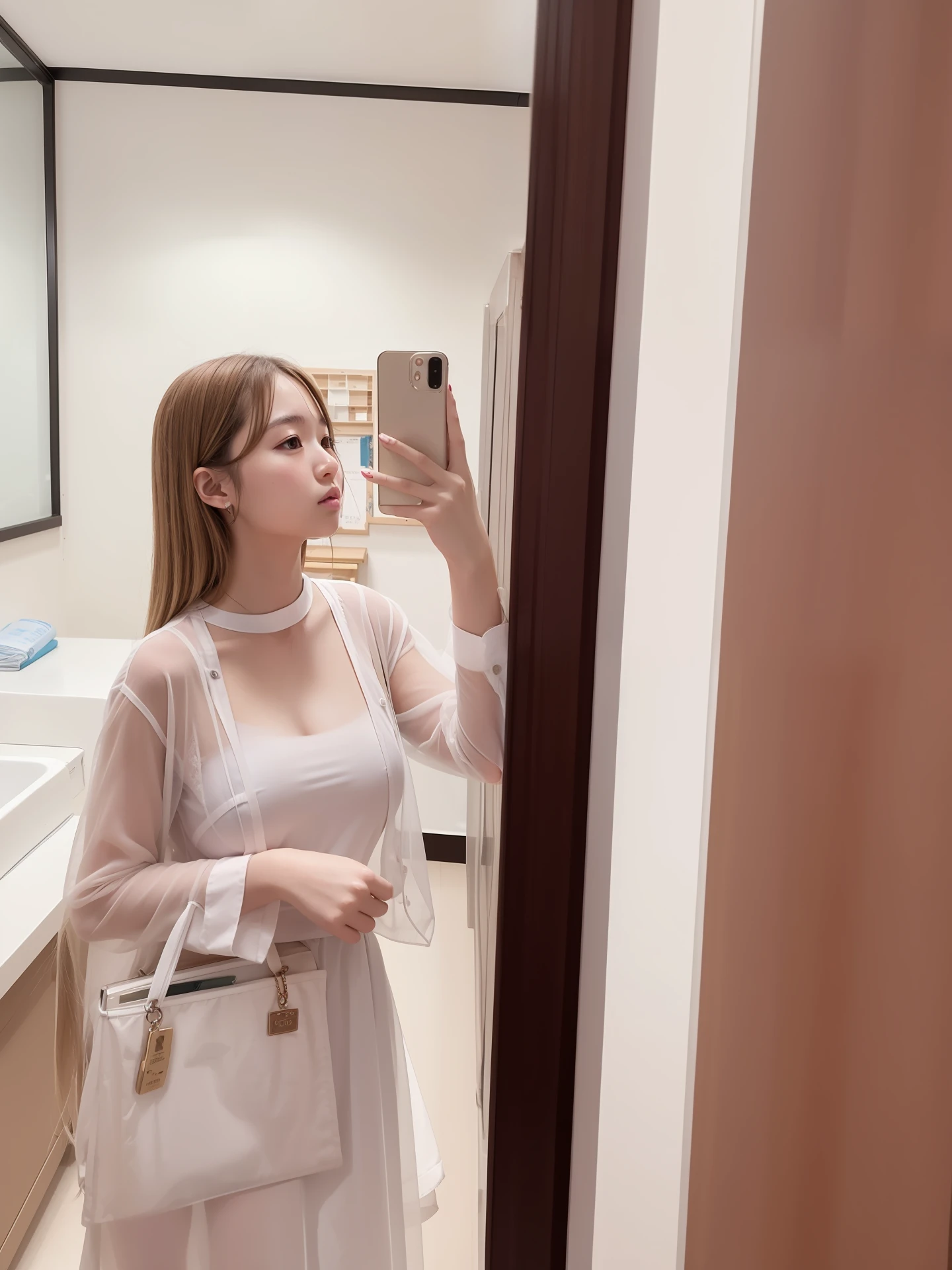 Korean high school girl, , beauty, sheer, bra is transparent, shirt is transparent, neat face, brown hair, school uniform, big, tearing breasts, patchy eyes, cute face, moles under eyes, school uniform, k-pop idol, solo, alone, blonde, brown and blonde mesh, sexy face, huge, emphasis breasts, full body, one, solo, blonde, protruding breasts, one, large breasts, Shirt to cleavage, cleavage, solo, solo shot, blonde, light hair color, one student